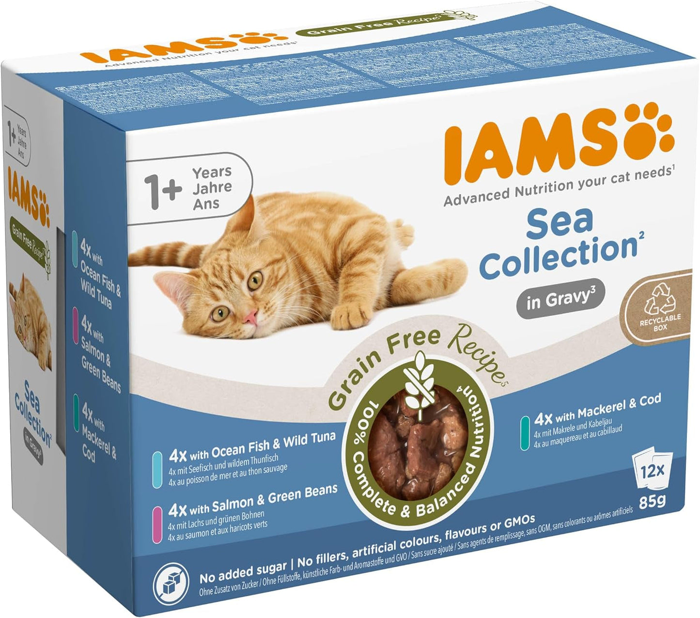 IAMS Delights Sea Collection Graanvrij nat kattenvoer - Multipack met verscheidenheid aan vis in saus, graanvrij natvoer voor katten vanaf 1 jaar, 12 x 85 g
