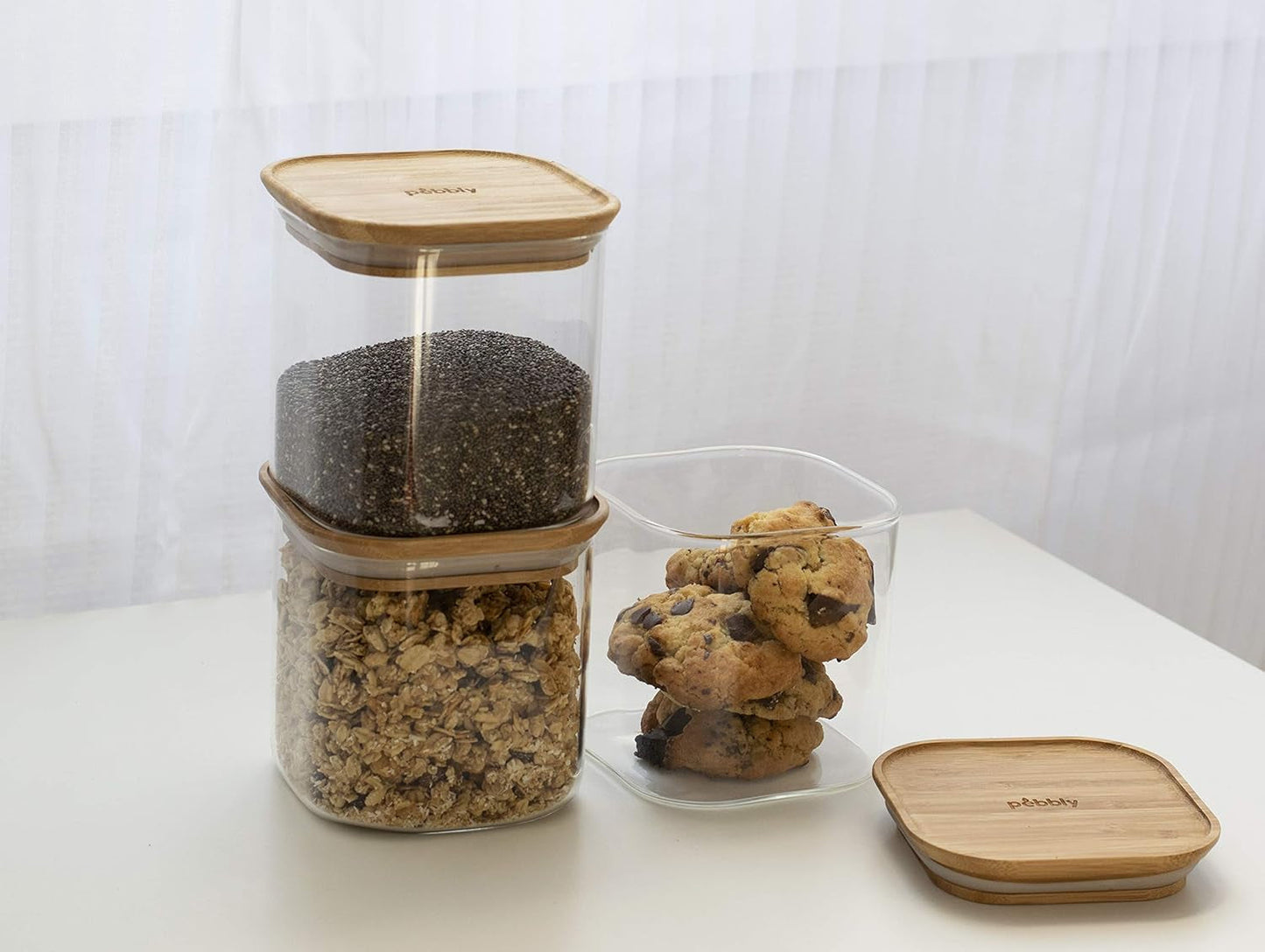 Set van 3 vierkante glazen containers met bamboe deksel-800ml, borosilicaatglas, bamboe, siliconen, naturel, 11 x 11 x 11 cm Voedselbewaardozen Naty Shop