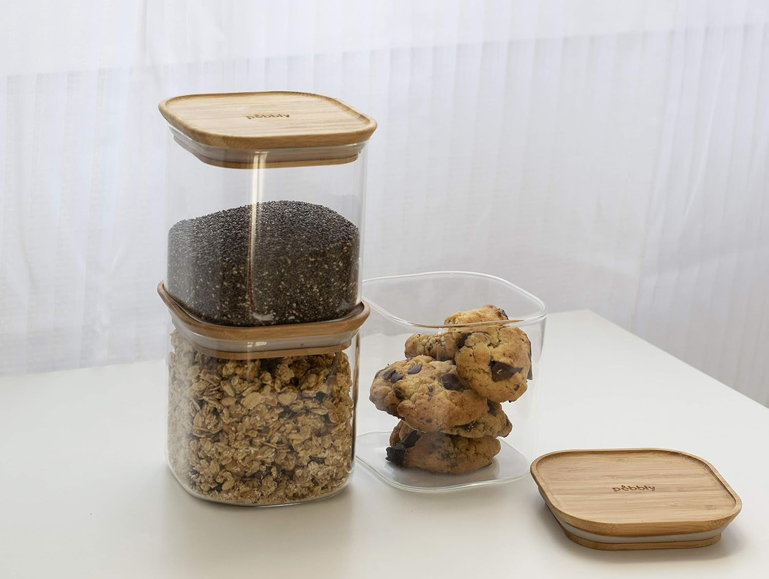 Set van 3 vierkante glazen containers met bamboe deksel-800ml, borosilicaatglas, bamboe, siliconen, naturel, 11 x 11 x 11 cm Voedselbewaardozen Naty Shop
