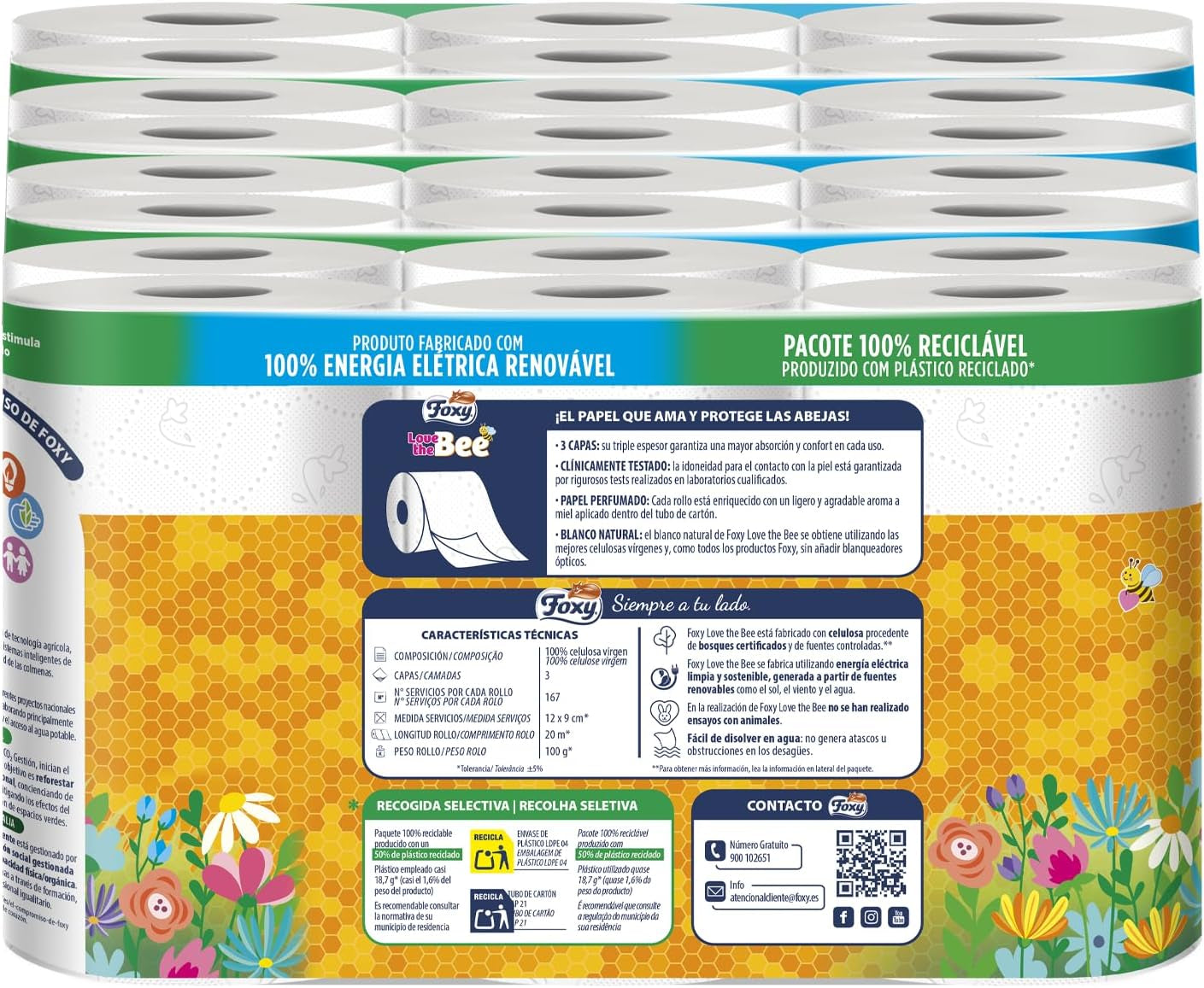 Ik hou van de bij | 3-laags toiletpapier | 48 rollen | 167 diensten op rol | Fsc-certificaat | 100% hernieuwbare elektriciteit | Recyclebare verpakking gemaakt van gerecycled plastic