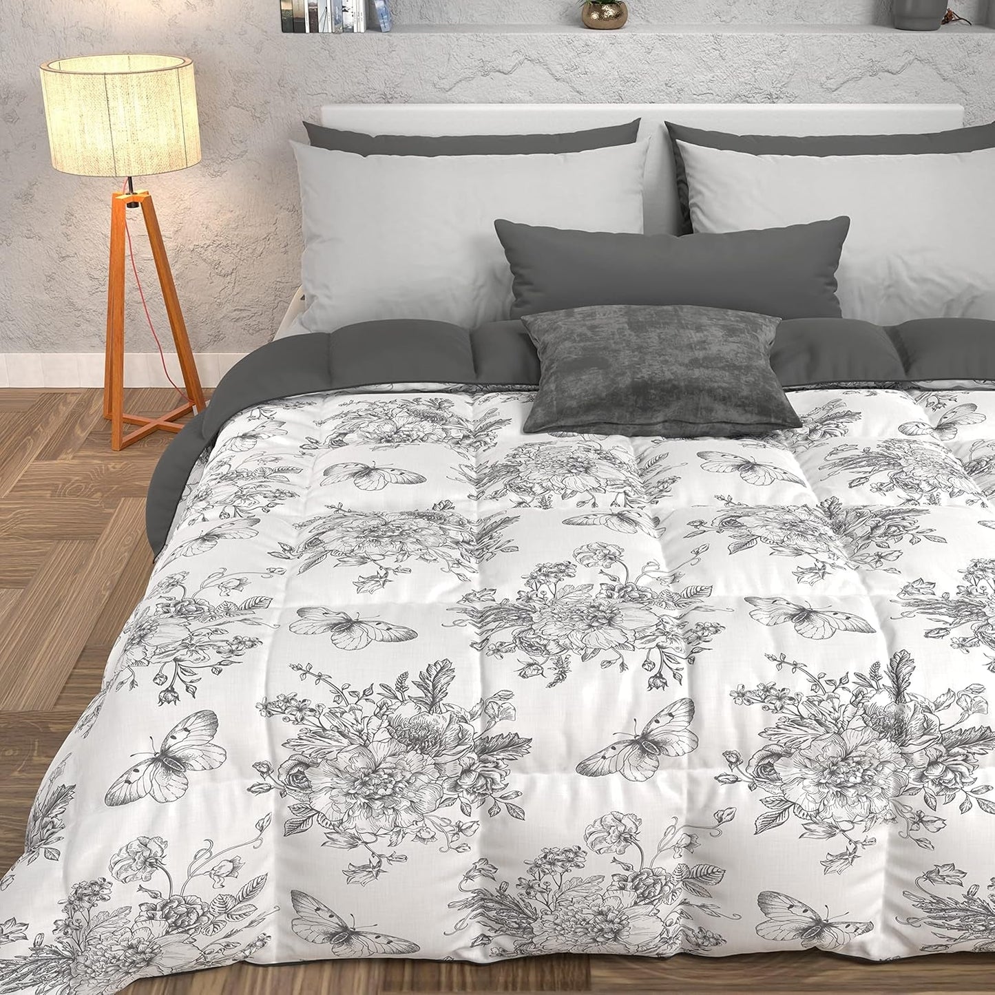 PETTI Artigiani Italiani - Winterquilt, Winterquilt, Eenvoudige quilt, Dubbelzijdig, Monocolor en digitaal printen, 100% hypoallergene microvezel, Made in Italy Quilts en quilts Naty Shop Botanic 03 Grijs Eenpersoonsbed
