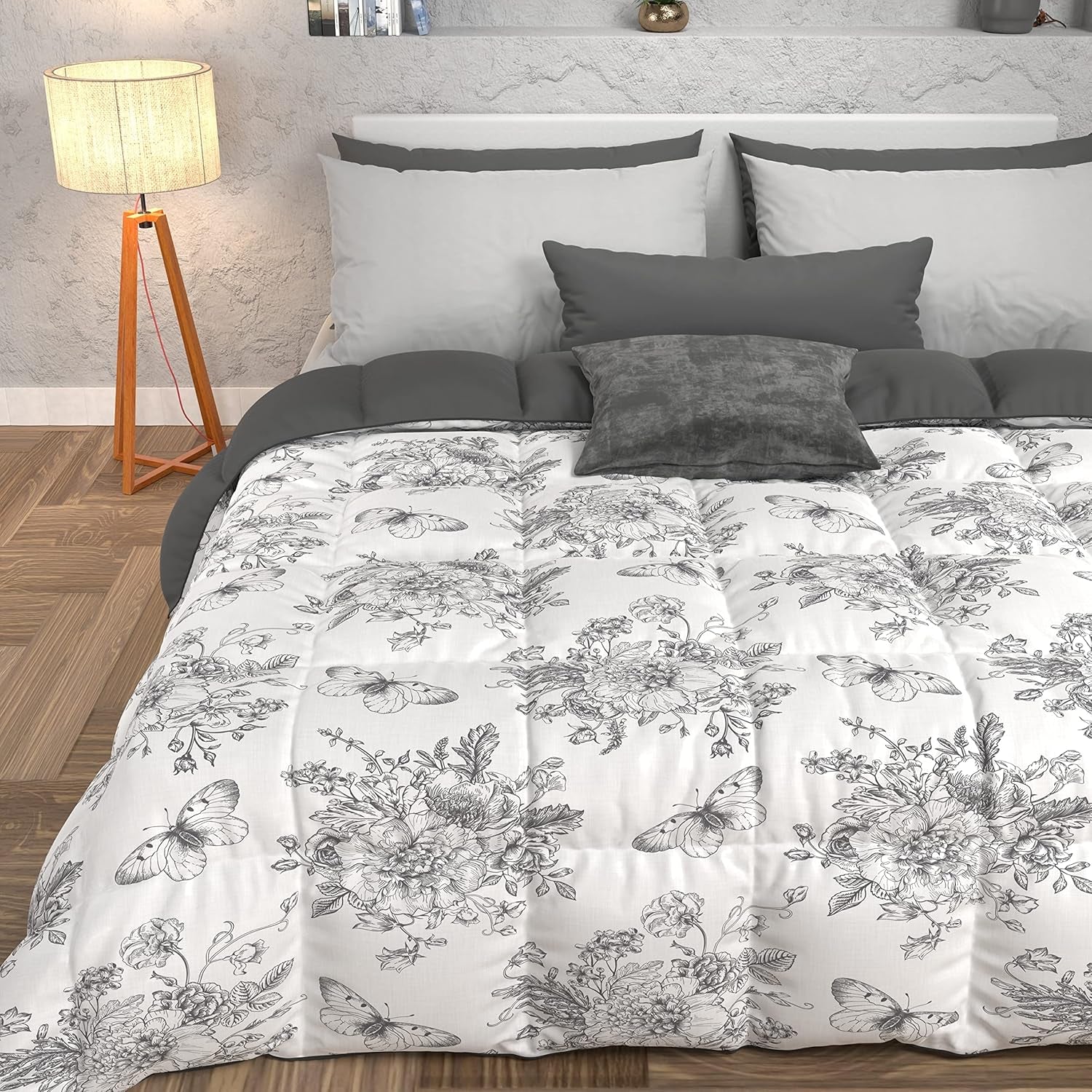 PETTI Artigiani Italiani - Winterquilt, Winterquilt, Eenvoudige quilt, Dubbelzijdig, Monocolor en digitaal printen, 100% hypoallergene microvezel, Made in Italy Quilts en quilts Naty Shop Botanic 03 Grijs Eenpersoonsbed