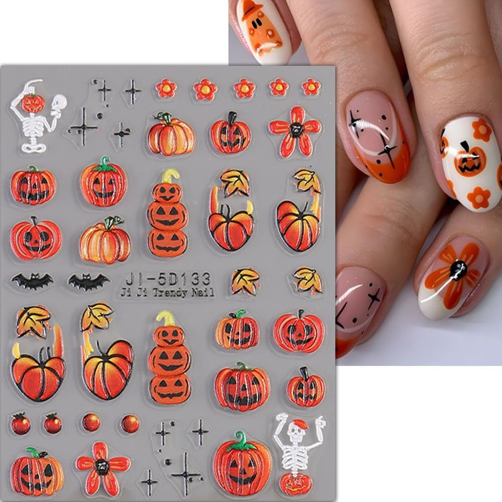 JMEOWIO 3D Nagelsticker Halloween Nail Art Sticker Selbstklebend Nagelaufkleber 5D Stereoskopisch Süßer Geisterkürbis Decoratie Nageldesign Zubehör 4 Blatt