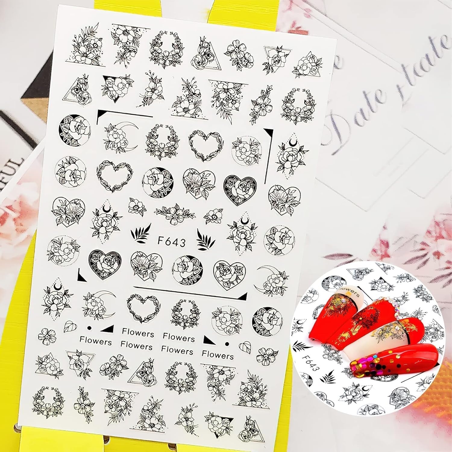 7 Blätter Nagelsticker Selbstklebend Nagelsticker Blumen Abstrakt 3D Schwarz Nagelaufkleber Nageldesign Herzform Wörter Pflanzen Nagelsticker DIY Nail Art Zubehör Maniküre Decoratie