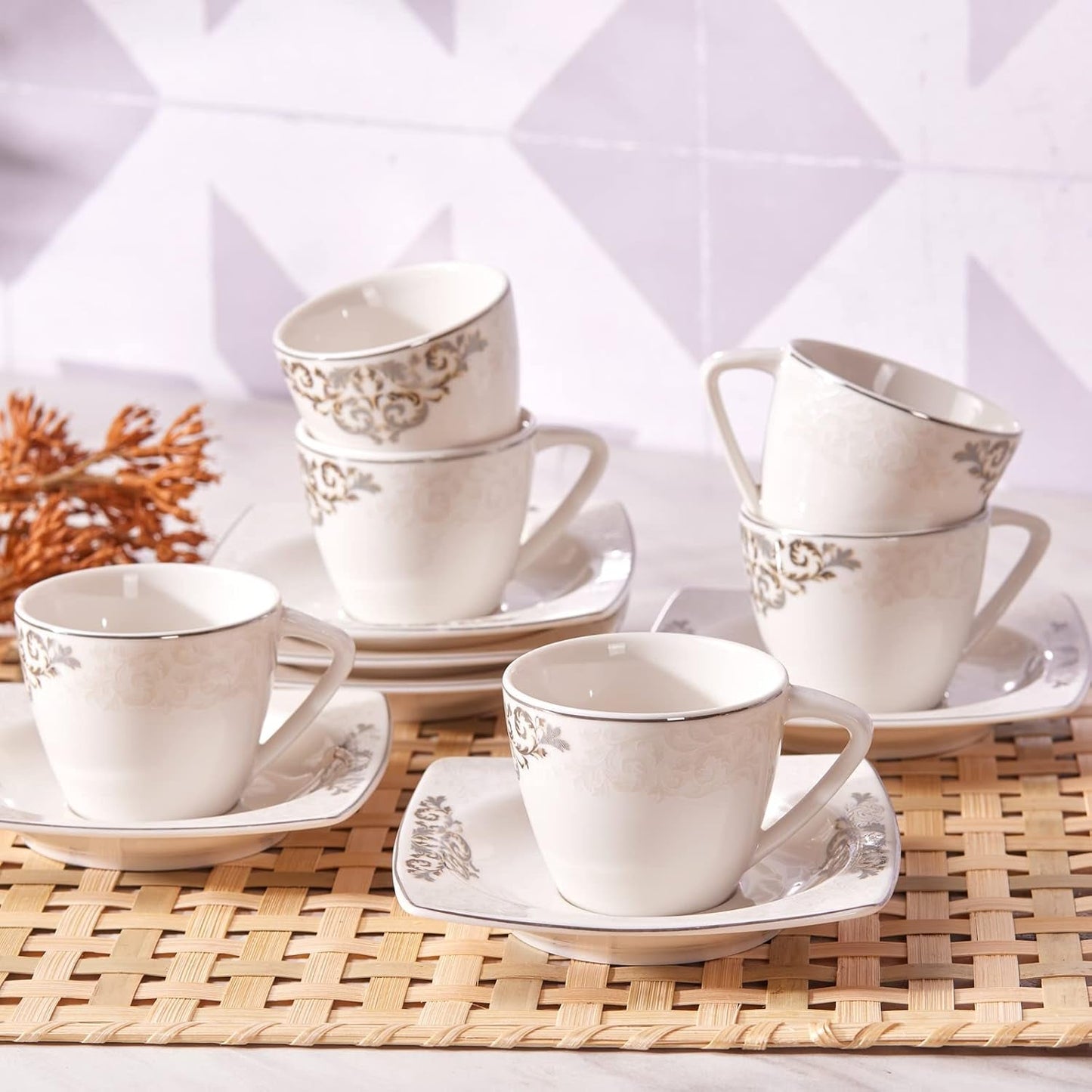 KARACA Nazende porseleinen espressokopjesset - 80 ml Turkse koffiekopjes met schotels, 12-delig modern koffieservies met 6 koffiekopjes en 6 schotels, mokkakopjes - wit