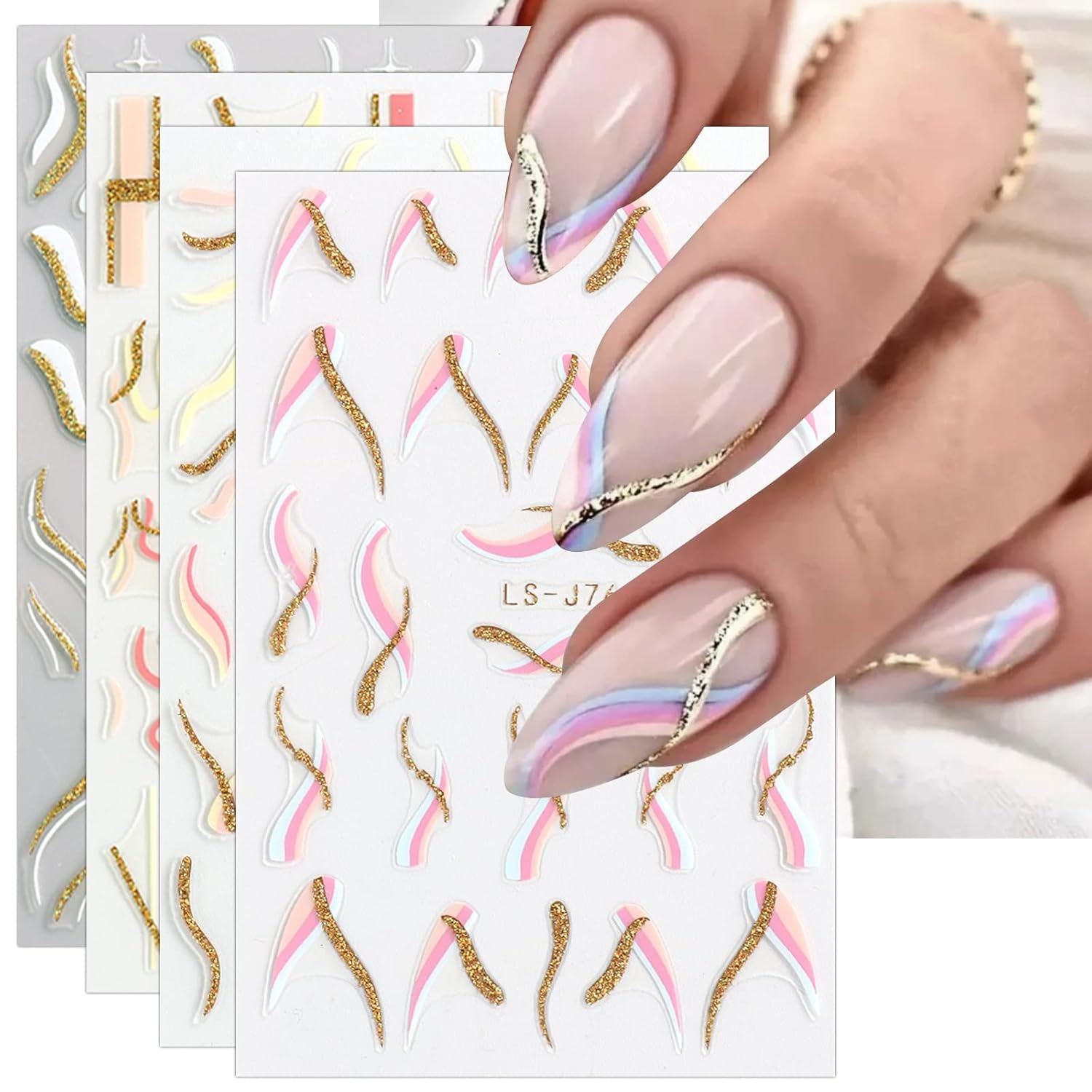 JMEOWIO Nagelsticker Französische Tipp 9 Blatt Nail Art Sticker Selbstklebend Nagelaufkleber Glitzer Wellenlinie Decoratie Nageldesign Zubehör