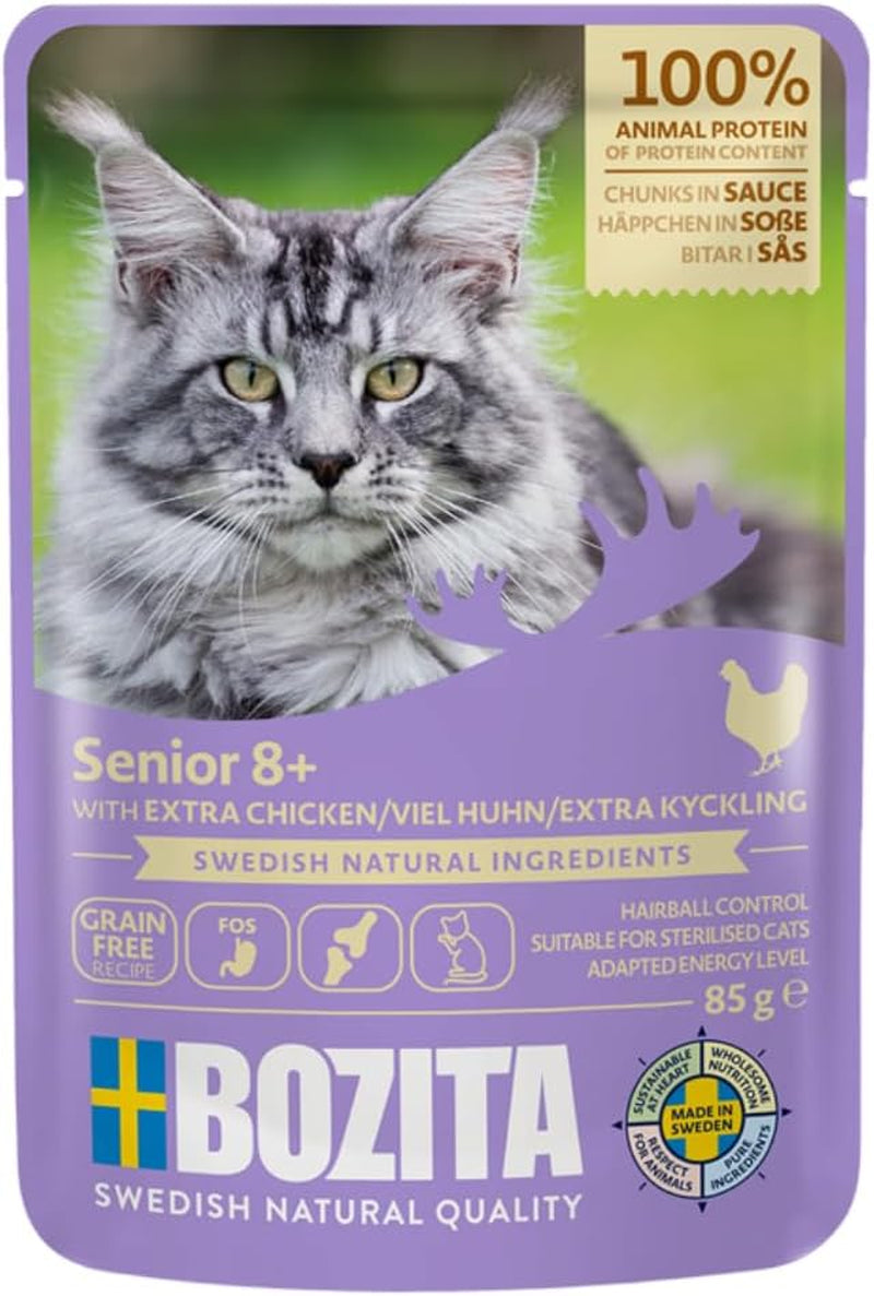 Bozita Senior 8+ Mound nat kattenvoer met granen en veel kip - 12 zakjes x 85g, graan- en tarwevrij nat kattenvoer - Nat kattenvoer met 8,5% eiwit en 4,5% vet