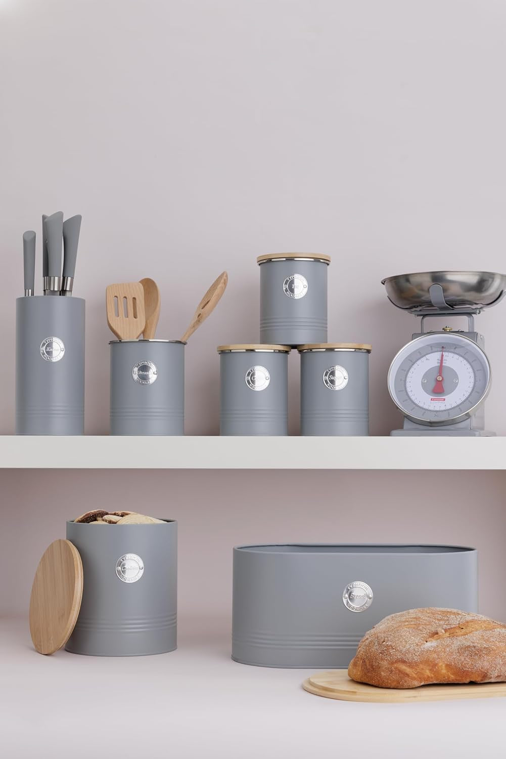 LIVING collectie, koektrommel met deksel | pastelgrijs | Koekjesopbergdoos van 3,4 liter | stalen koektrommel met deksel | Bamboe luchtdichte voorraadpotten met deksels Naty Shop voedselbewaardozen