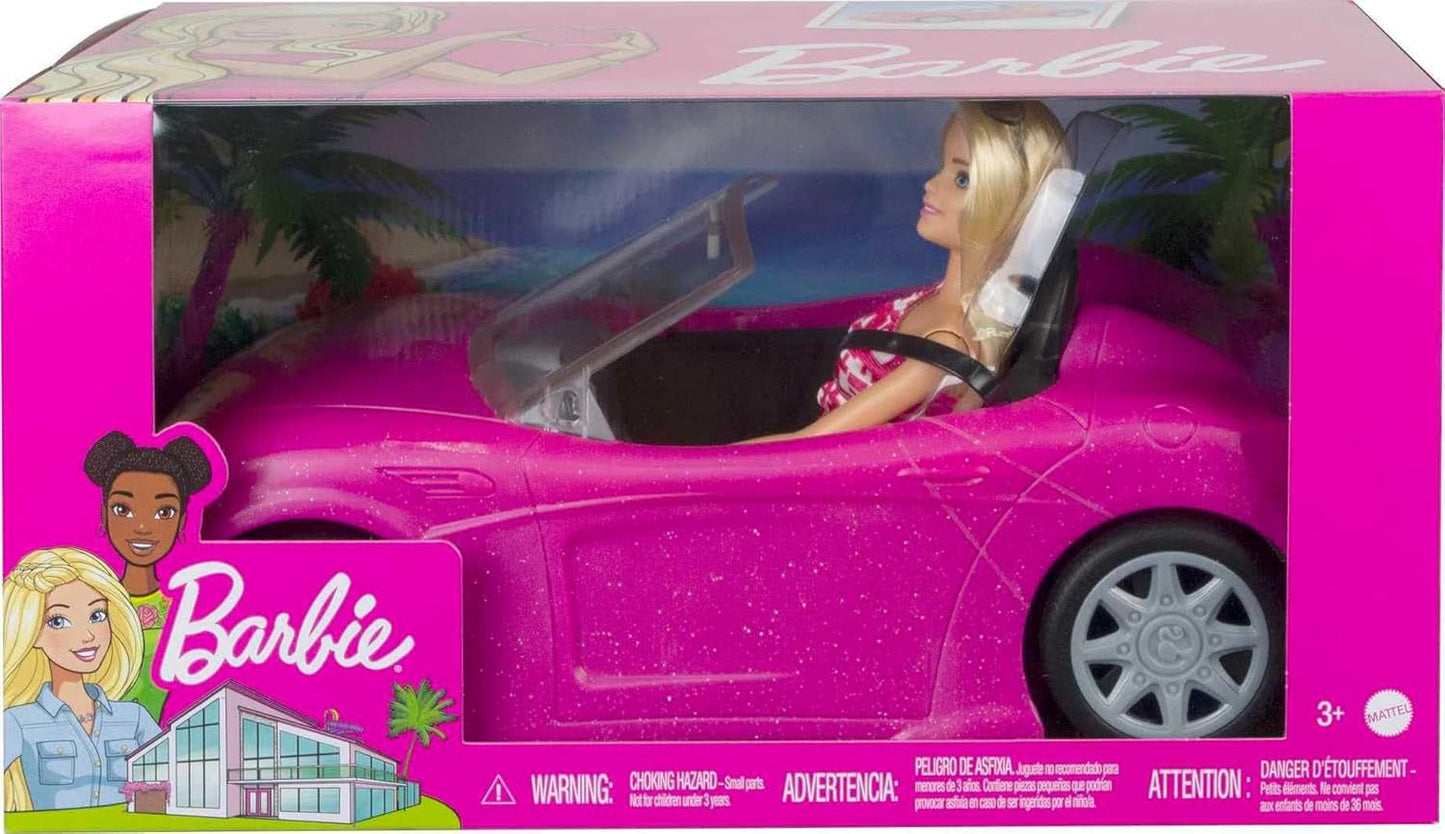 Barbie-pop en roze glitter-cabriolet, realistische banden, logo, speelgoed voor kinderen vanaf 3 jaar, DJR55