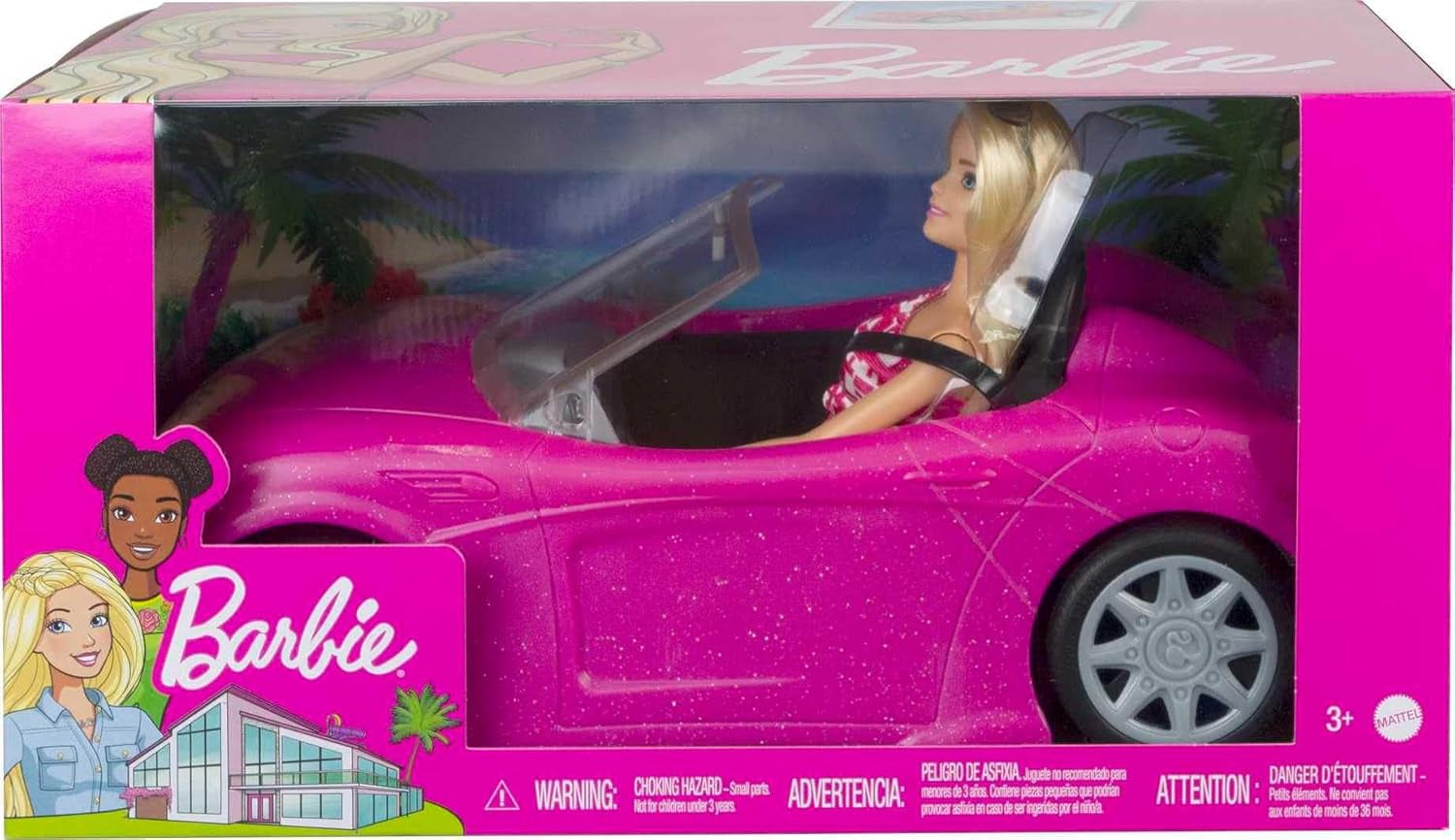 Barbie-pop en roze glitter-cabriolet, realistische banden, logo, speelgoed voor kinderen vanaf 3 jaar, DJR55