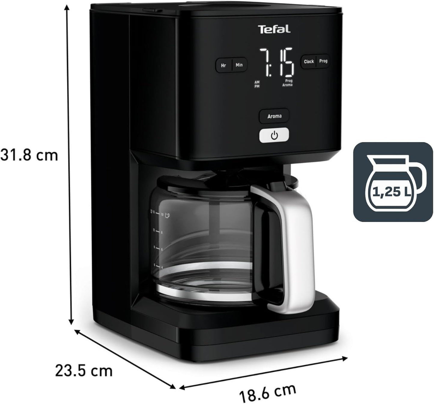 Tefal Smart'n Light espressomachine met timer, espressomachine met programmeerbaar filter 1,25 l, aromafunctie voor intens aroma, warmhoudfunctie, antidruppelen en gemakkelijk schoon te maken, zwart