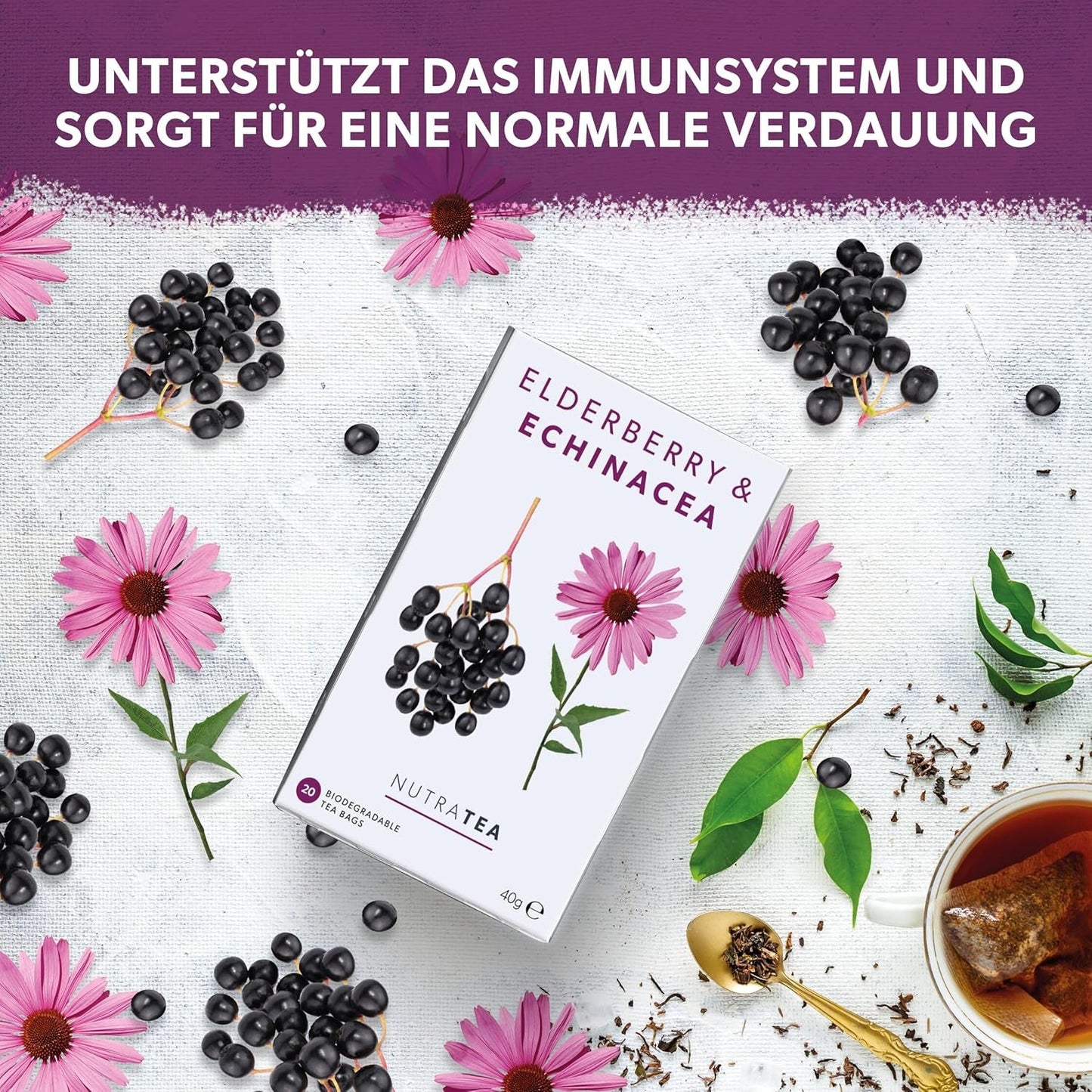 Nutra Tea Vlierbessen & Echinacea, Immuniteit & Verkoudheid Thee, Immuun Ondersteunende Thee, Koude Strijd, 20 Herbruikbare Theezakjes, Natuurlijke Kruidenthee
