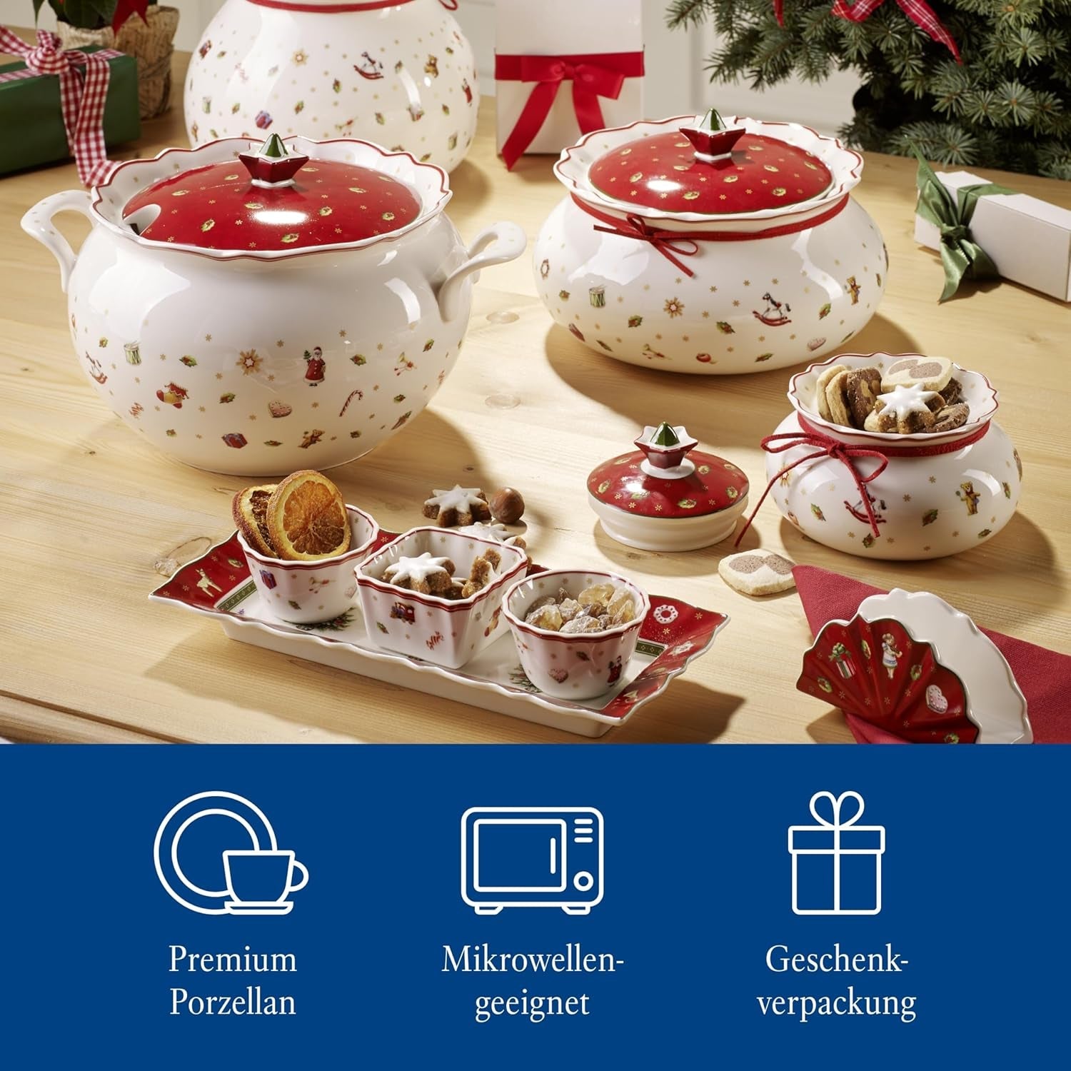 Villeroy & Boch - Toy's Delight Jusset, 4-delig, Serveerschaal met Kommen, Kerstjuskomset, Speelgoedtafeldecoratie, Dienblad, Kommen, Kerstservies, Premium Porselein