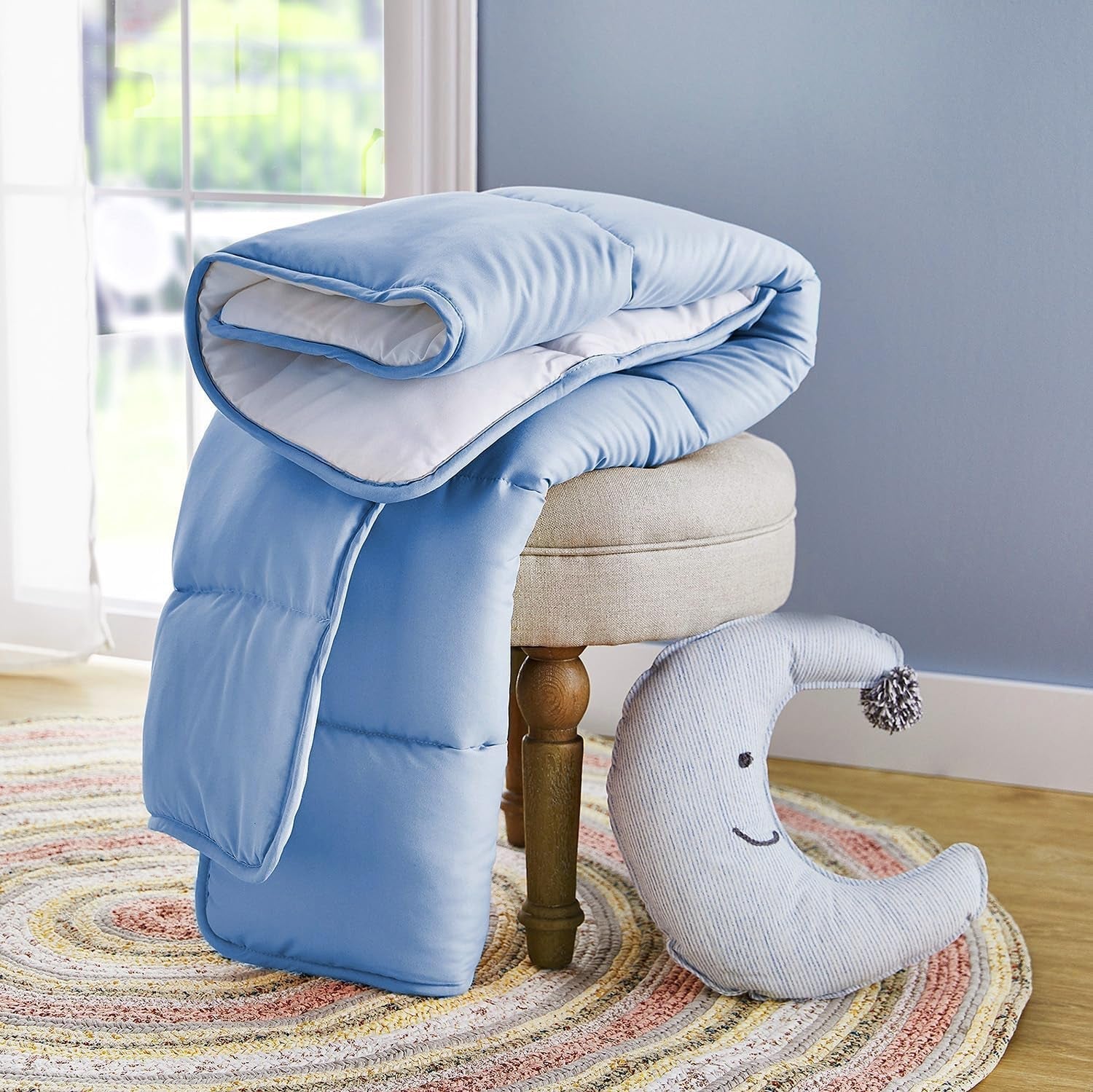 Pikolin Home - Omkeerbaar dekbed 300 G - Tweekleurige Scandinavische vulling - Voor kinderbedje 60 - Met veren gevuld, warm, ademend, blauw/wit, 100 X 120 cm Dekbedden en dekbedden Naty Shop