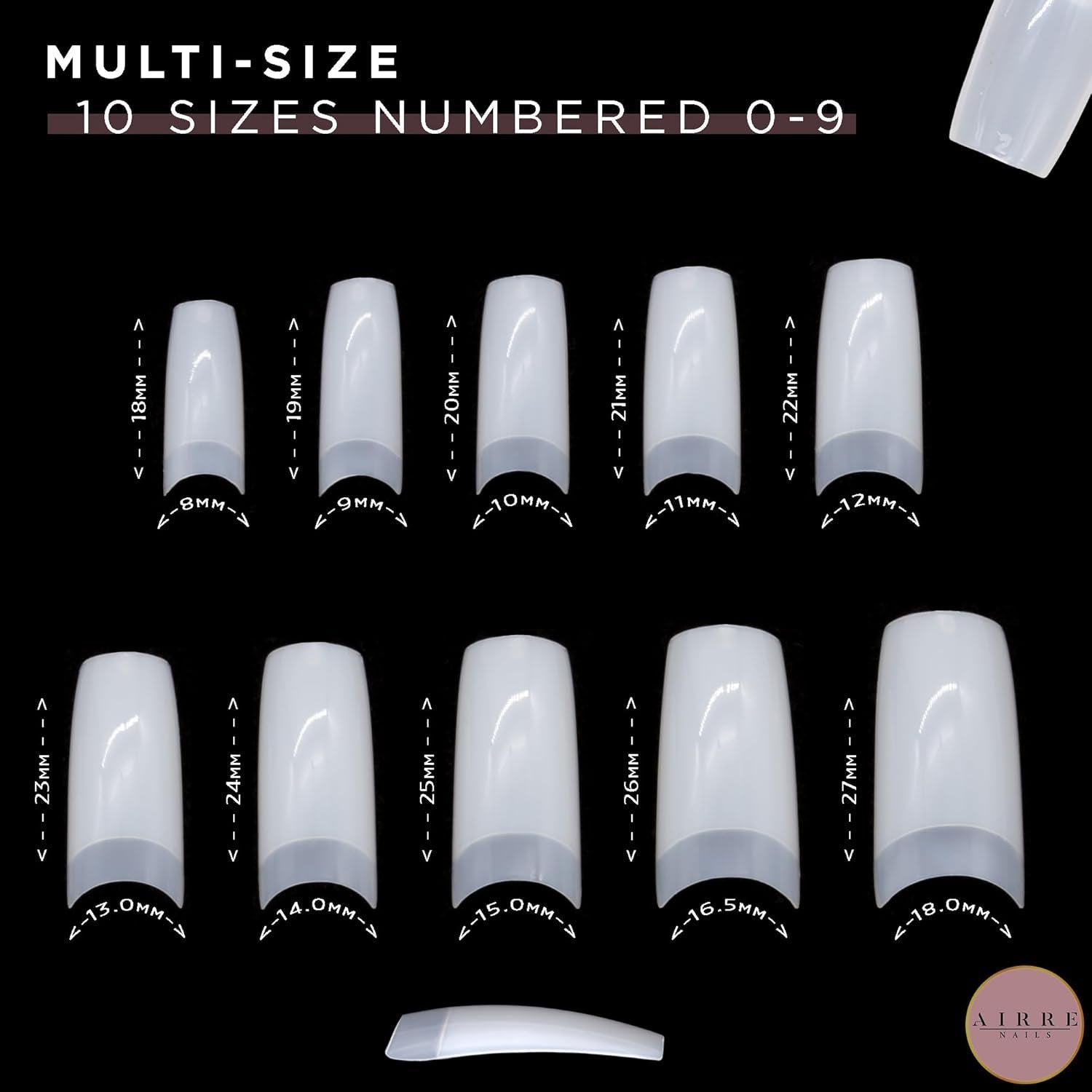 AIRRE 500 professionele gelnagels en 3 vijlen per doos - (10 maten) Franse halve maan kunstnagels, salon- en thuisgebruik, knippen, vijlen en vormgeven, UV/LED-gel, nagellak en nagelkunst (natuurlijk)