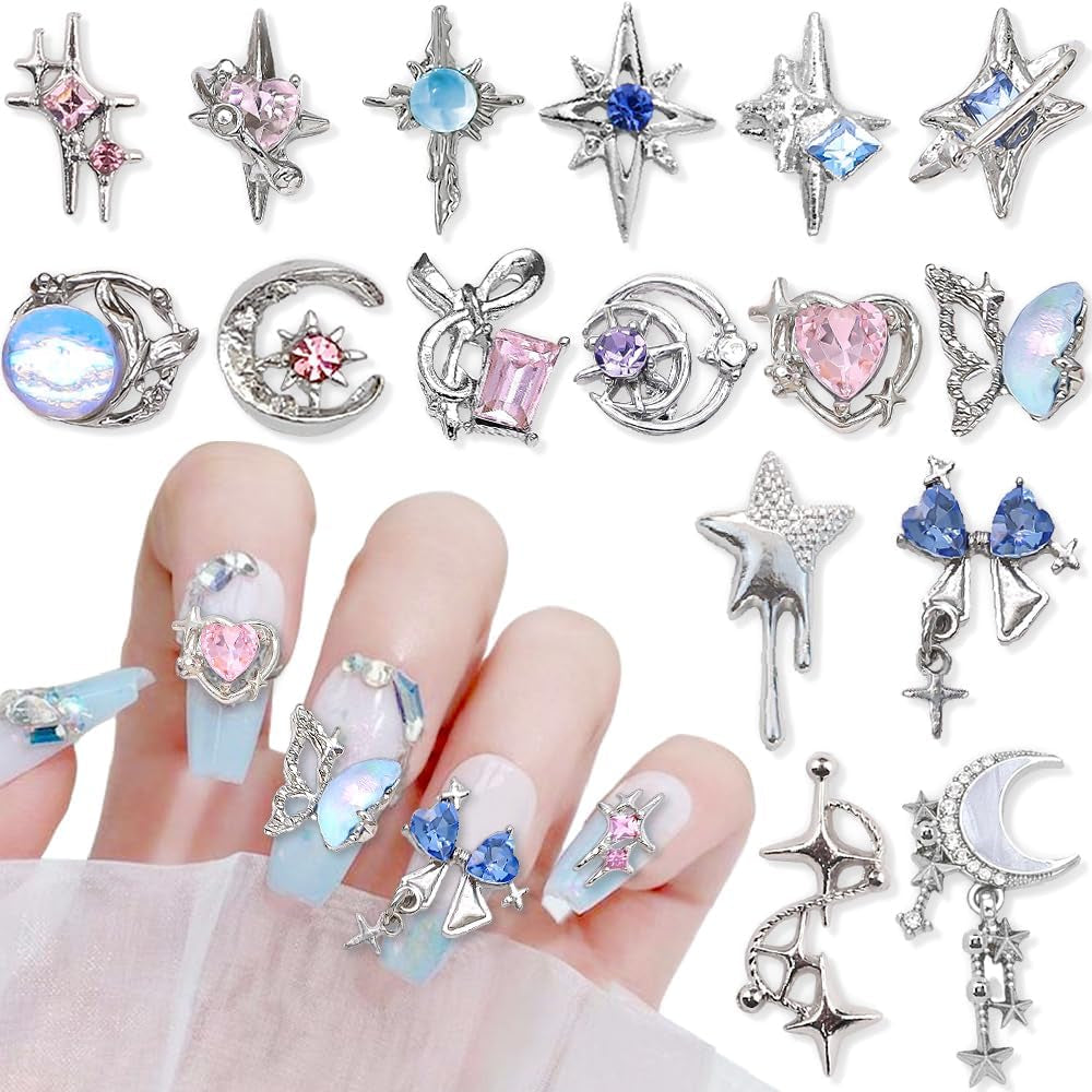 16 Stijl Luxus Mond Stern Nagel Charms 3D Nail Charms Y2K Legierung Strasssteine ​​Bogen Schmetterling Nagel Schmuck Metall Nail Art Charms Nägel Glitzersteine ​​​​Nailart Rhinestones Nageldesign Zubehör