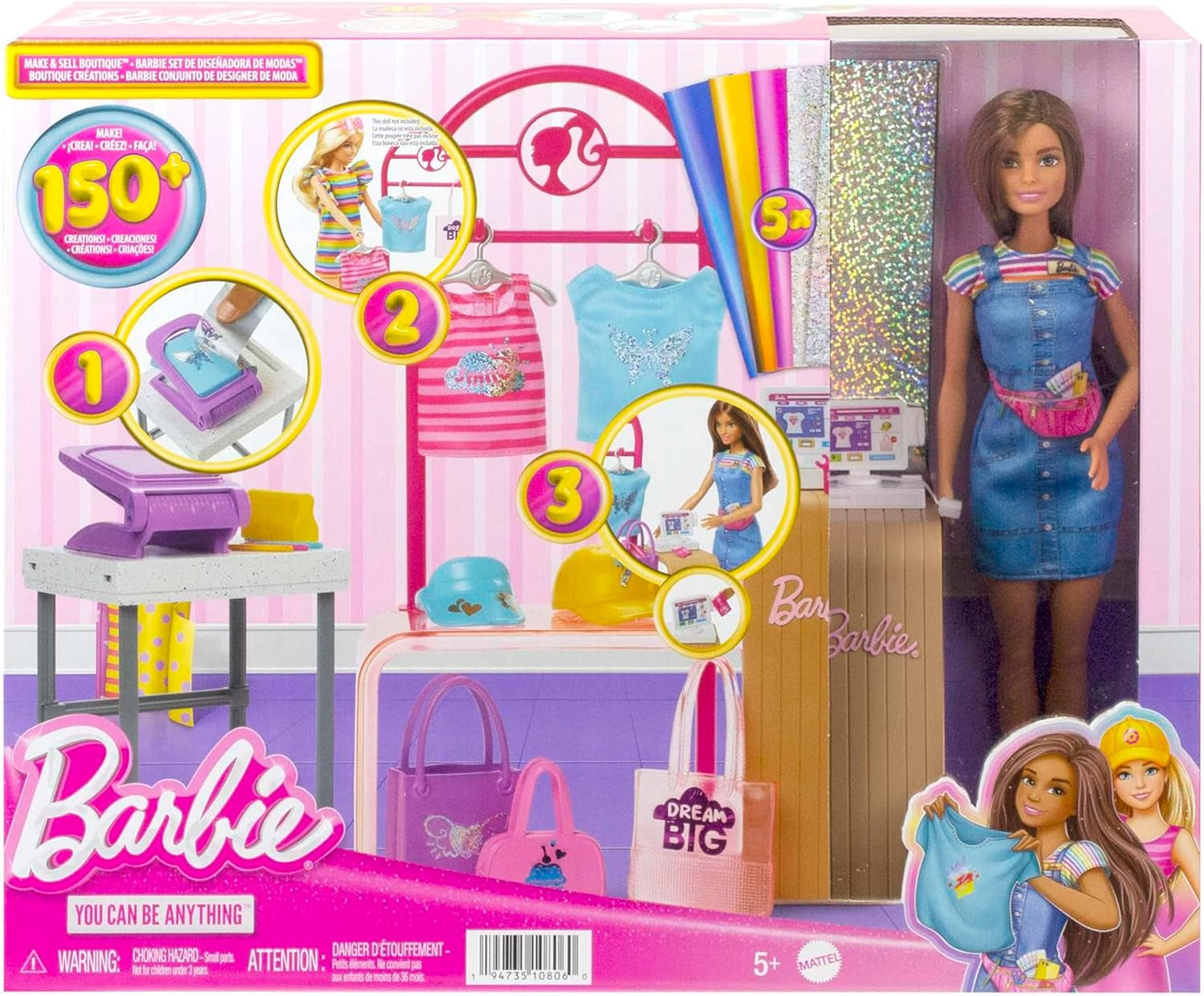 Barbie Fashion Boutique speelset - pop met foliepatroon, meer dan 150 originele looks, inclusief 2 blouses en 5 folievellen, kledingstandaard en creditcardlezer, vanaf 3 jaar, HKT78