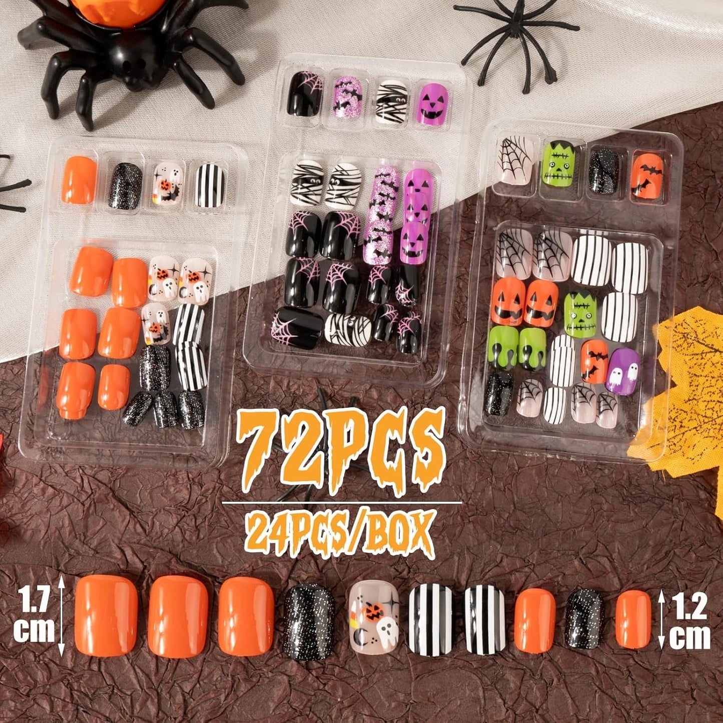 72 stuks Halloween-nagels Zelfklevende nepnagels Korte kunstnagels Zelfklevende geperste nagels Pompoen Spook Kunstnagels Tips Nail Art Oranje Groen Zwart