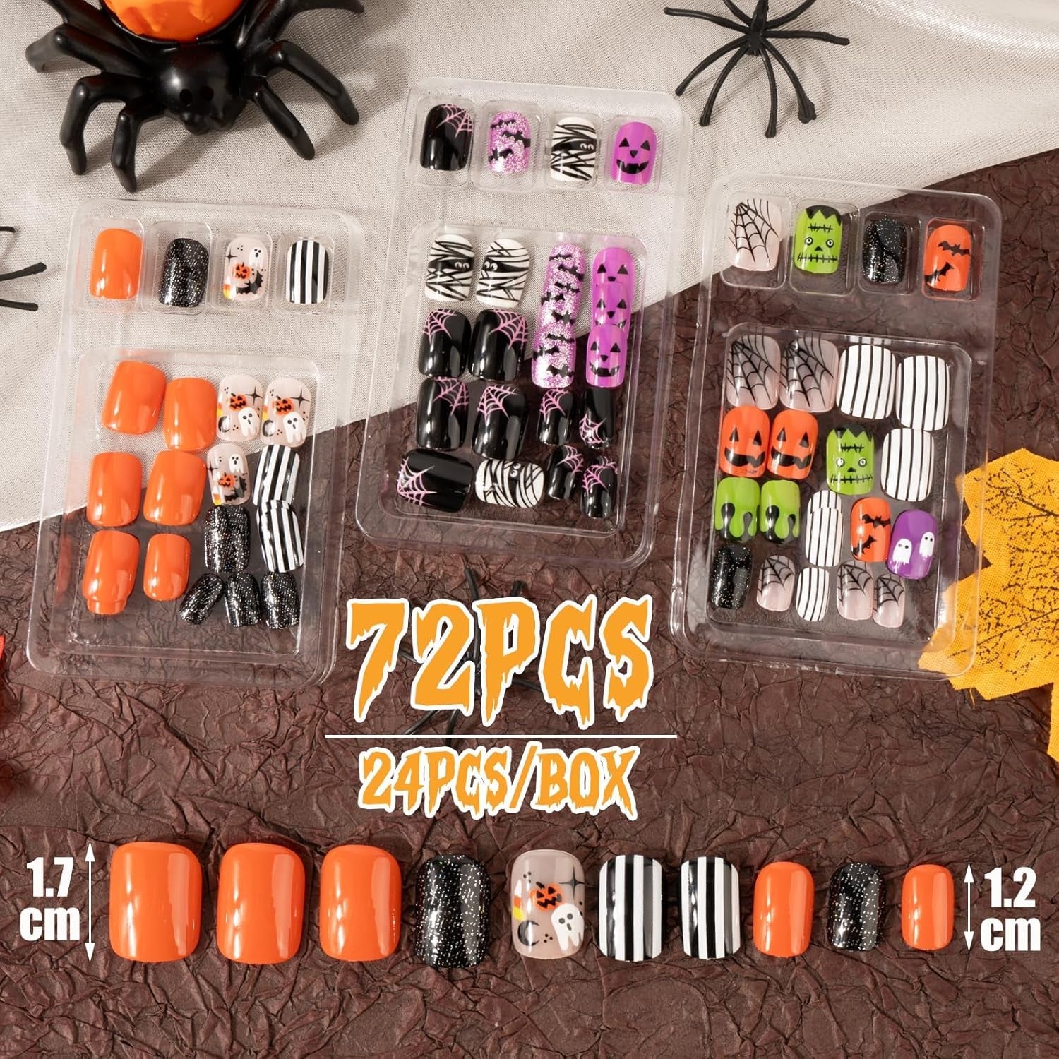 72 stuks Halloween-nagels Zelfklevende nepnagels Korte kunstnagels Zelfklevende geperste nagels Pompoen Spook Kunstnagels Tips Nail Art Oranje Groen Zwart