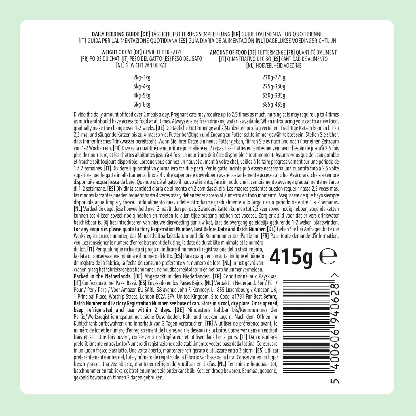 door Amazon Katzenfutter, nass, Dose, Stücke mit Geflügel in saus, 12 x 415 g