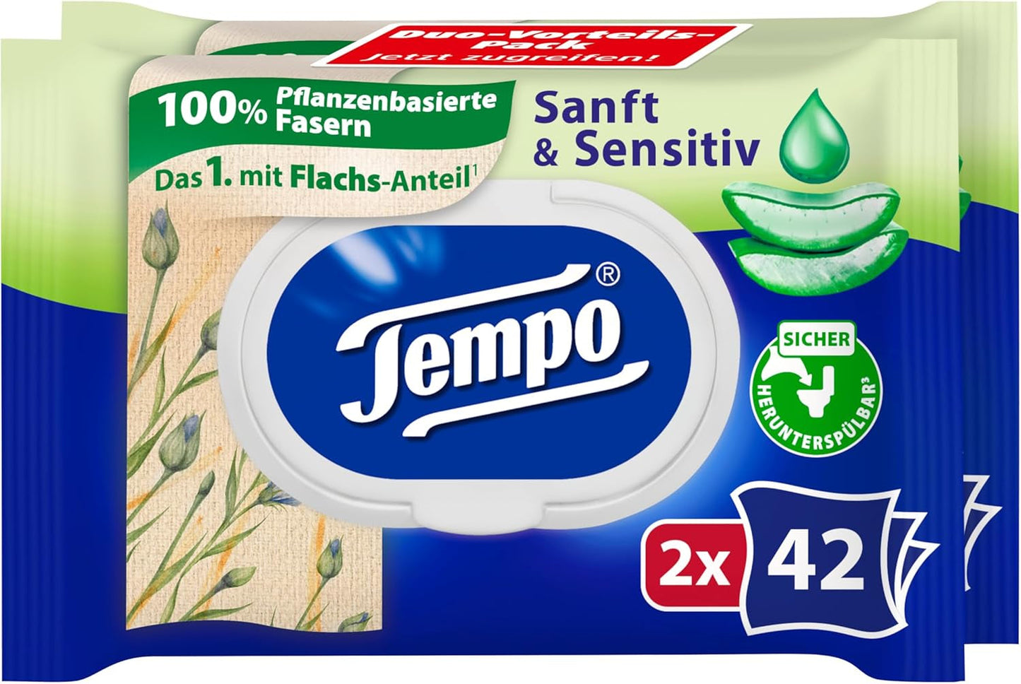 Tempo ''Gentle & Sensitive'' natte toiletdoekjes - Megapack - 16 pakjes van elk 42 doekjes - Duo Packs - Natuurlijke Aloë Vera - Hygiënisch papier, dermatologisch getest, huidneutraal
