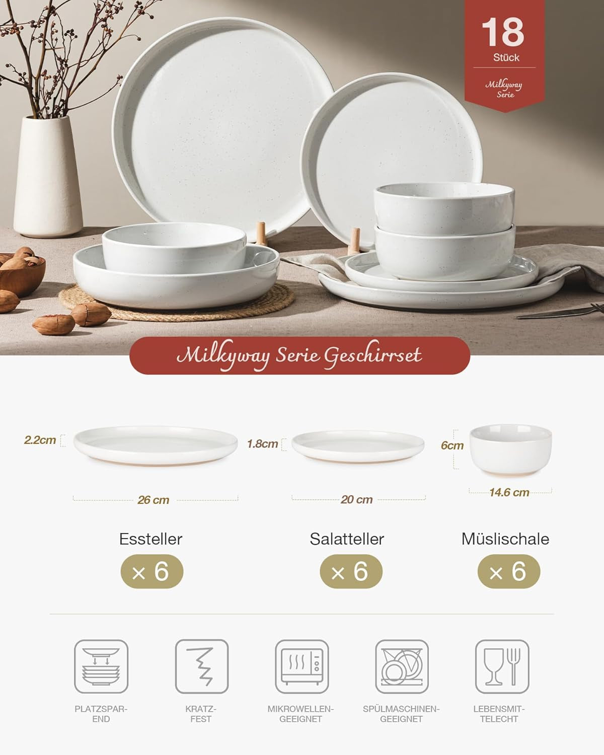 Milkyway serviesset, 18-delige serviesset, 6-persoons steengoed dinerborden, dessertborden, ontbijtgranenschalen, magnetron- en vaatwasserbestendig, wit