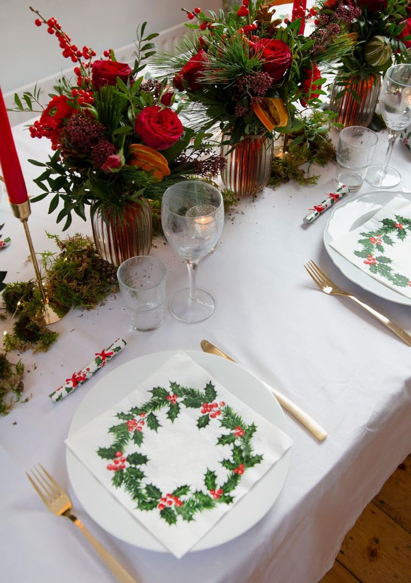 Talking Tables 20 XL papieren kerstservetten met hulstmotief | Luxe Wegwerpdoekjes | Herbruikbaar | Ideaal voor kerst- en etentjes | Hoge kwaliteit | 40 cm x 40 cm