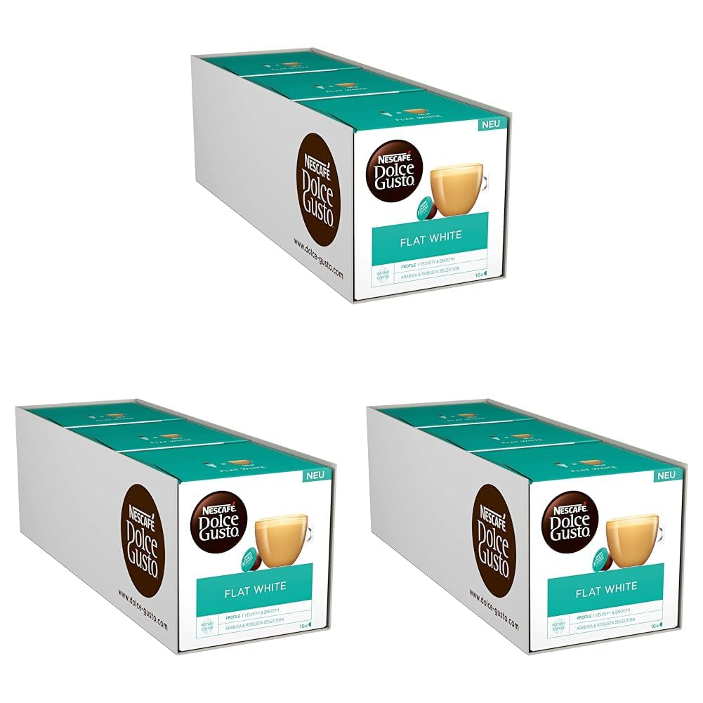 NESCAFÉ Dolce Gusto Flat White, 48 Kaffeekapseln, Arabica en Robusta Bohnen, Cremig-Milchiger Genuss, Kaffeekreation, Coffee-Shop Trend, Aromaversiegelte, 9er Pack (3x16 Kapseln)