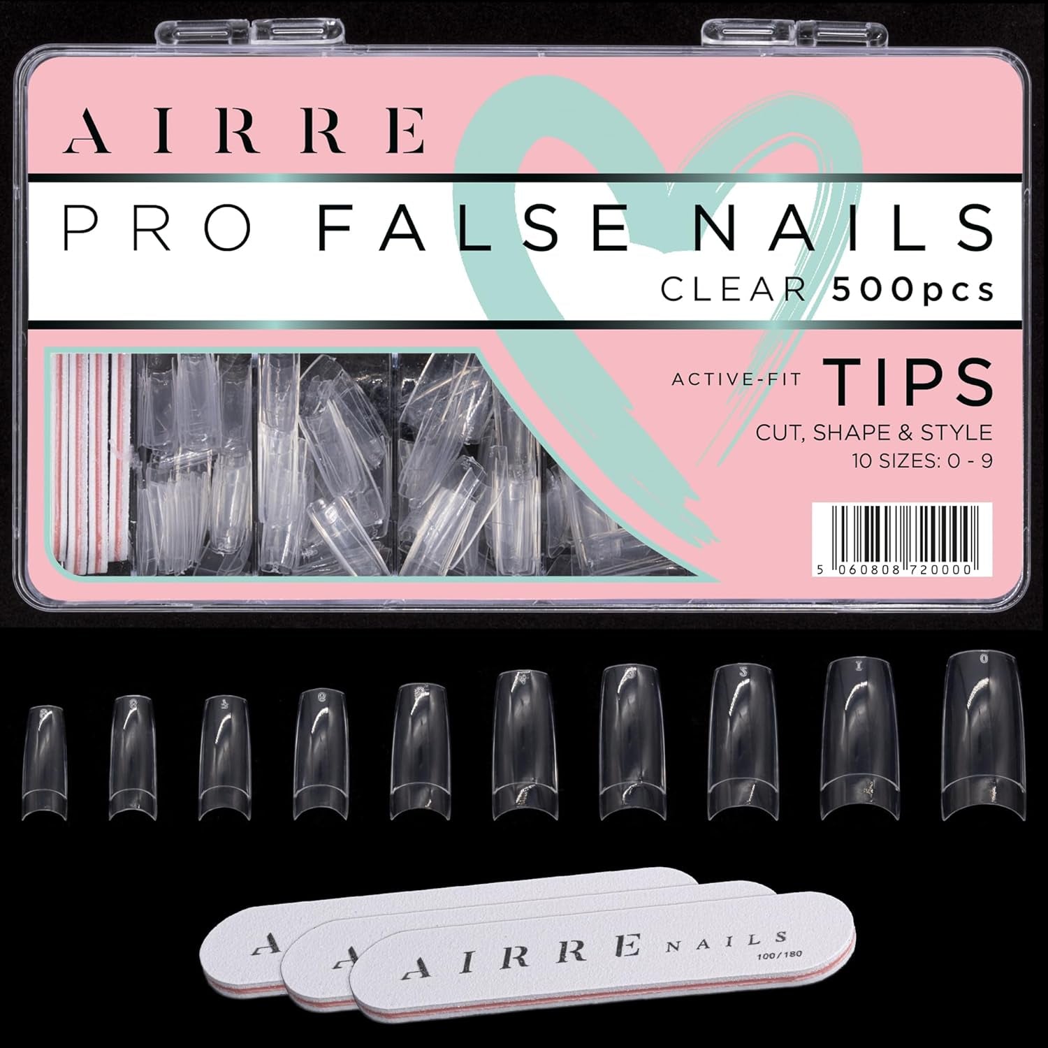 AIRRE 500 professionele gelnagels en 3 vijlen per doos - (10 maten) Franse halve maan kunstnagels, salon- en thuisgebruik, knippen, vijlen en vormgeven, UV/LED-gel, nagellak en nagelkunst (natuurlijk)