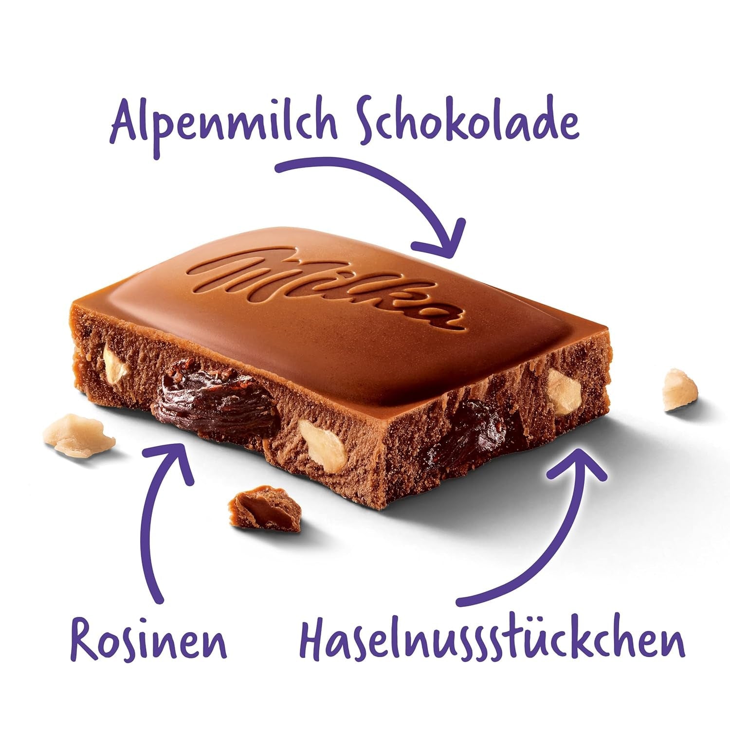 Milka Druiven en Hazelnoten – Alpenmelkchocolade met stukjes hazelnoot en rozijnen – 90g