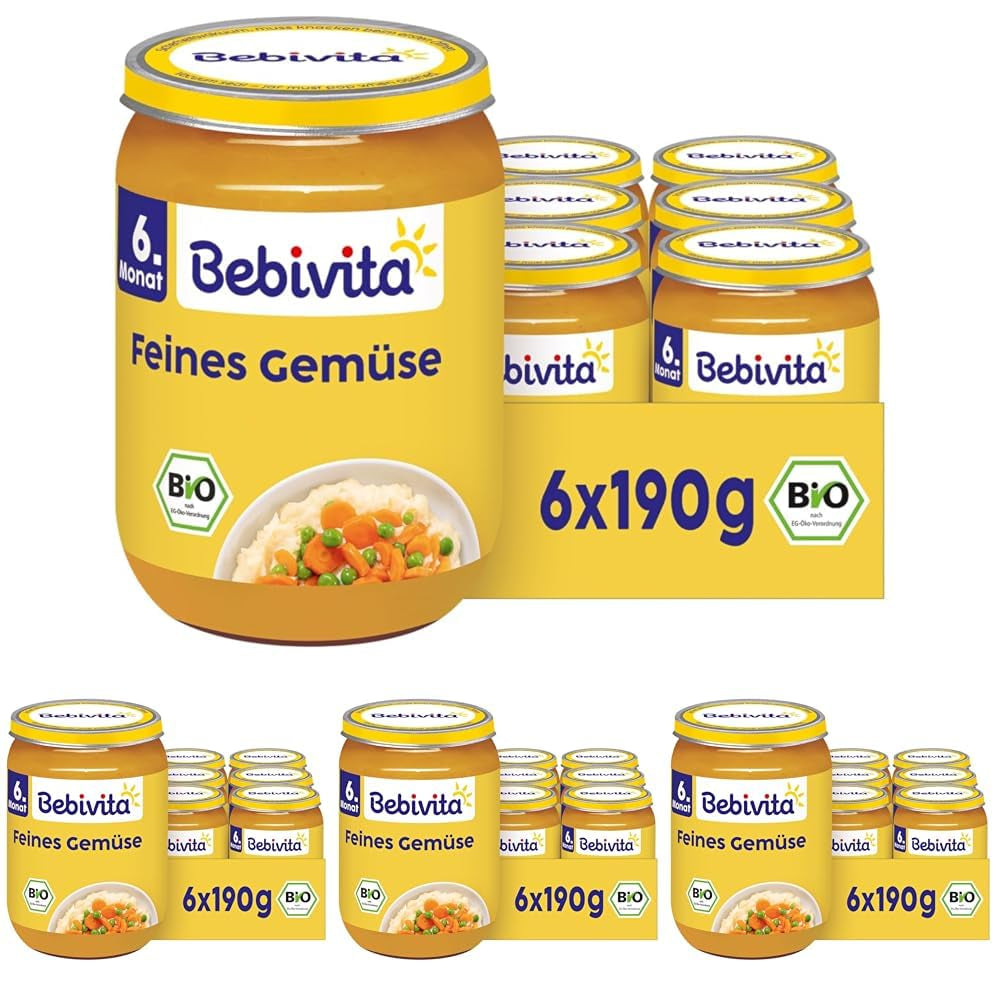 Biologische fijne groenten (6 x 190 g), vanaf 6 maanden, zonder toegevoegd zout, de ideale groentepot om te starten met bijvoeding (pak van 4)
