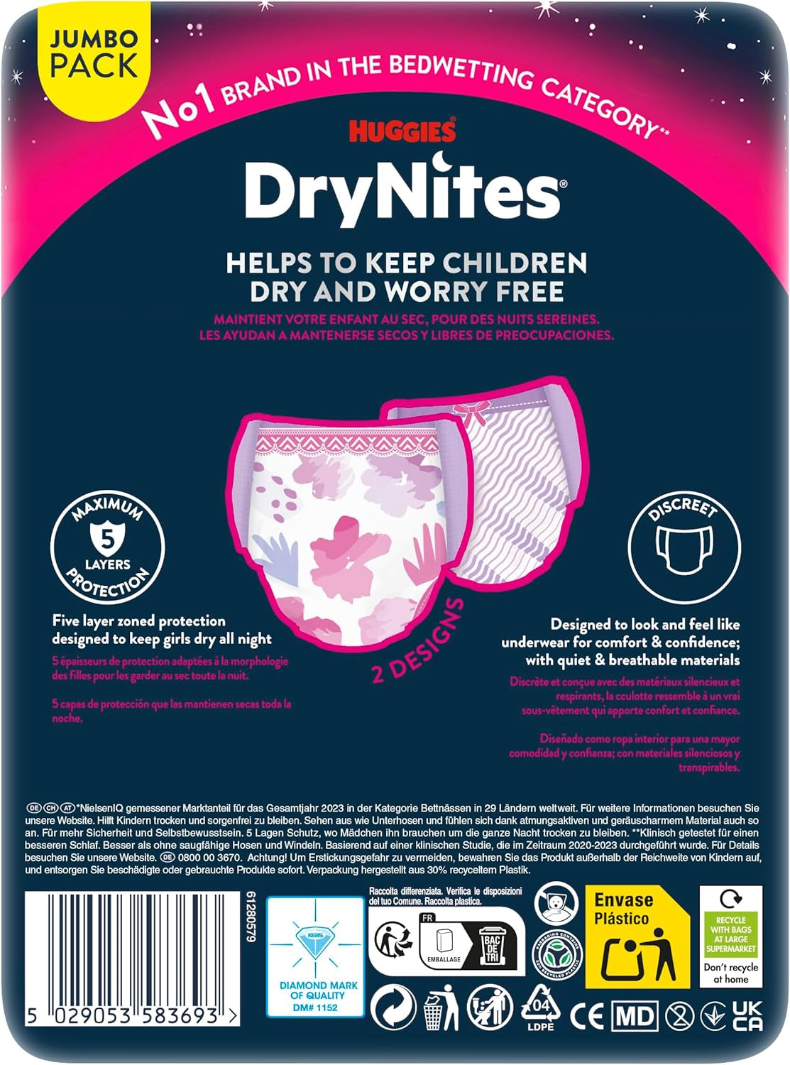 Huggies DryNites Nachtelijke bedplasluiers voor meisjes van 13 tot ongeveer 17 jaar (48-60 kg) 33 stuks (3 x 11) Jumbo Maandpakket XL Luierslips