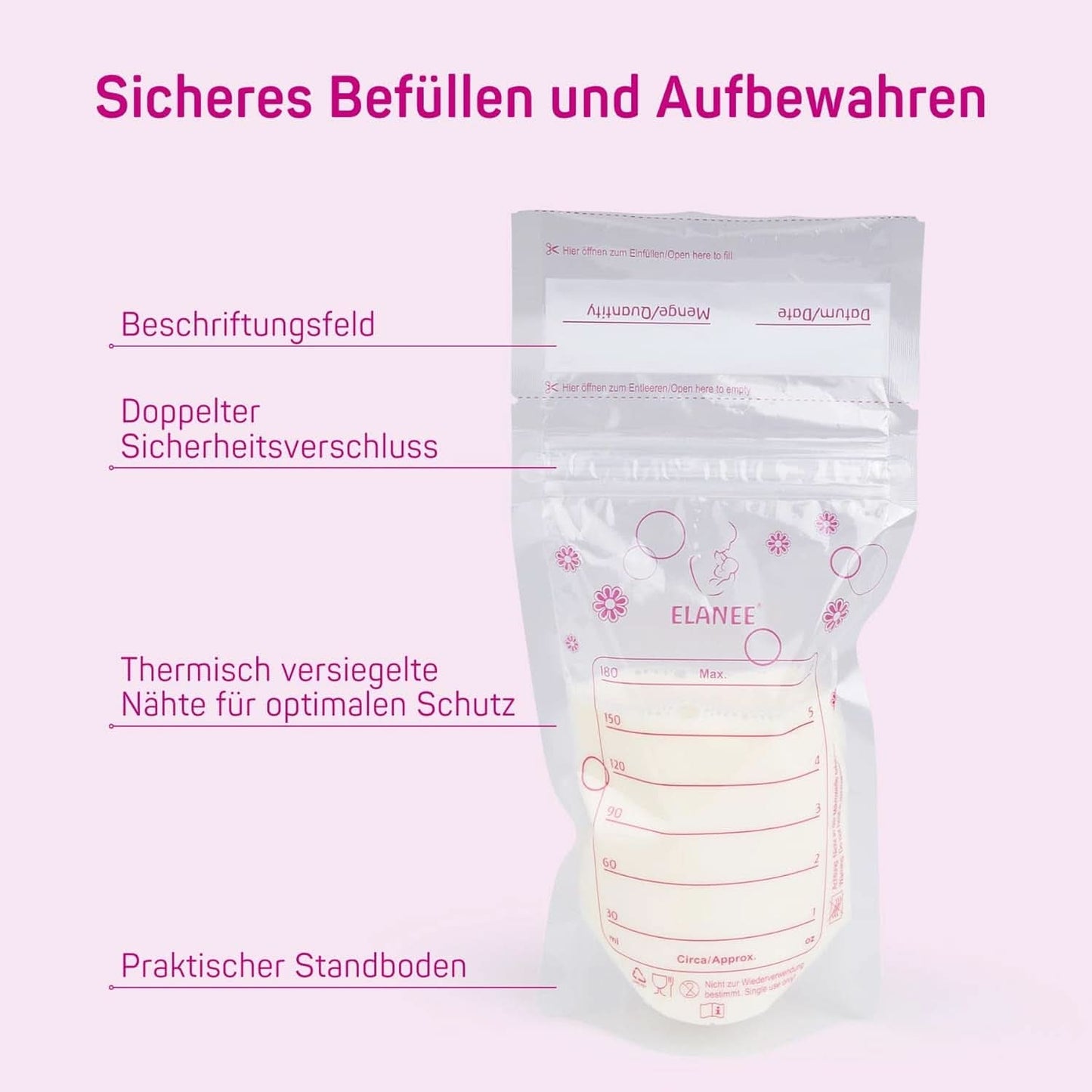 ELANEE Muttermilchbeutel, Aufbewahren & Einfrieren Von Muttermilch, Geschmackneutral Und Vorsterilisiert, Doppelter Sicherheitsverschluss, 20 Stück, Mit Standfuß (711-00) Accessoires voor babyvoeding en borstvoeding Naty Shop