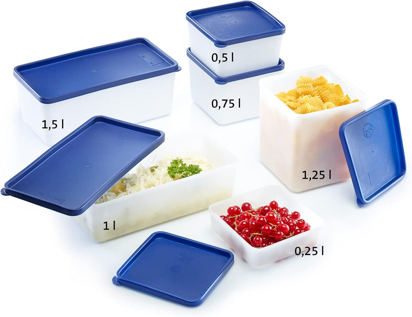 Westmark 4 voedselbewaar-/vriescontainers, inclusief deksel, inhoud: elk 0,25 l, stapelbaar, kunststof, Trio, kleur: transparant/blauw, 25042270 Voedselbewaardozen Naty Shop