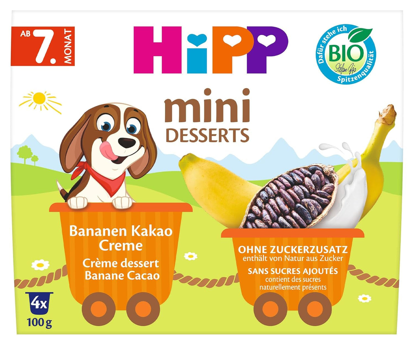 HiPP Mini Dessert Biologische Banaan- en Cacaocrème (pak van 6 x 4 x 100 g), vanaf 7 maanden, in praktische kopjes, zonder toegevoegde suiker, van de beste biologische kwaliteit