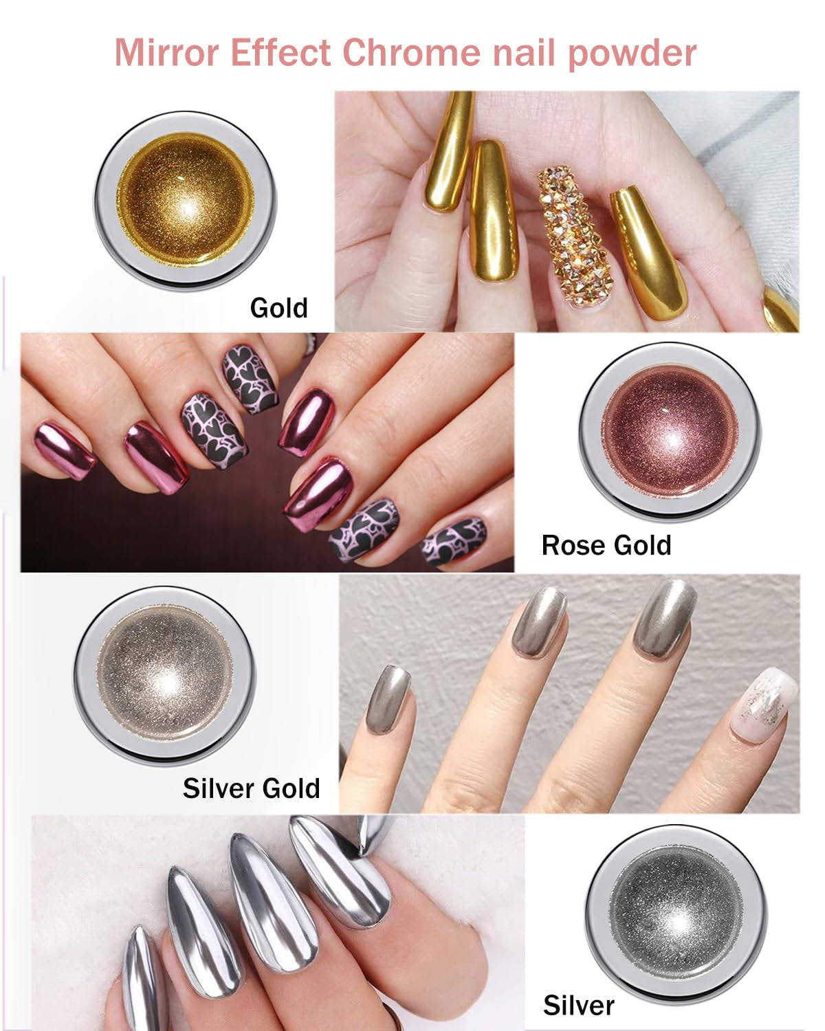Wahrshei 6 Chrome Nail Powder, Chrome Pulver Nägel Mit Spiegeleffekt, Laser Chrome Puder, Pearl Effect Powder voor geglazuurde donutnagels
