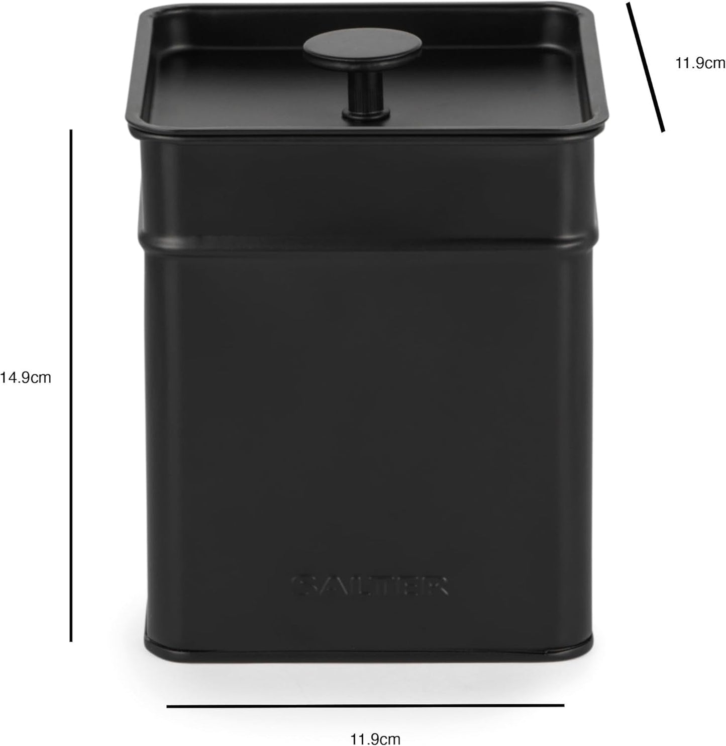Salter BW12614EU7 Kuro Opbergdozenset - 4 Keukencontainers Brood/Thee/Koffie/Suiker Vierkante Organizer Boxen Gemakkelijk schoon te maken Houd voedsel vers Zwarte voedselopbergdozen Naty Shop