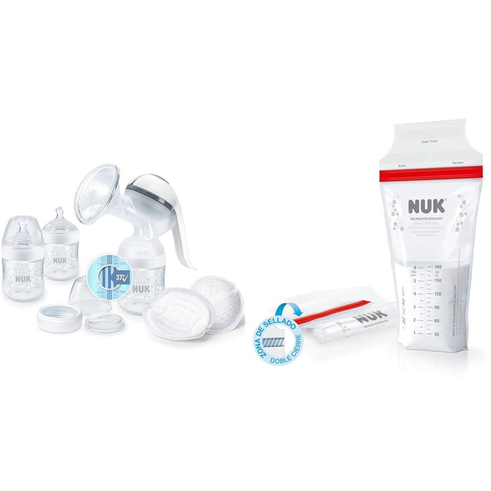 NUK Nature Sense Handkolf | Voedingsset met handkolf, flessen en zoogcompressen Ultra Dry Comfort | 6 stuks Voedings- en borstvoedingsaccessoires Bebe Naty Shop Pakket met zakje voor moedermelk Met temperatuurregeling