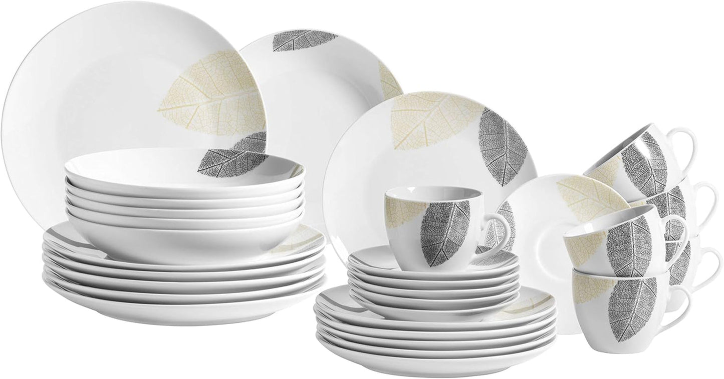 MÄSER 931215 Prachtig gedecoreerd servies voor 6 personen, gecombineerd servies 30-delig, met frameloze vormen, porselein, wit
