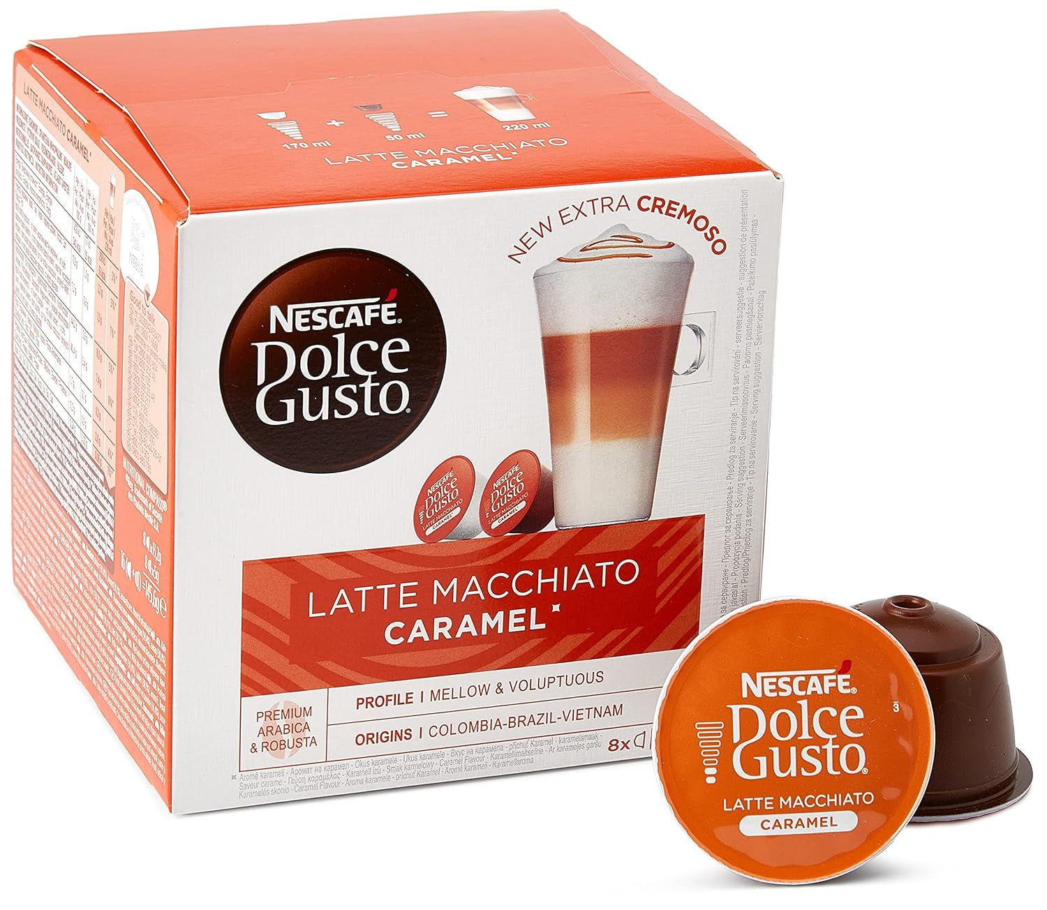Latte Macchiato | 96 Kaffeekapsel & Latte Macchiato Karamel | 48 Kaffeekapsels | Arabica Robusta Mengsel | Feines Caramell Aroma en heerlijk zacht schuim