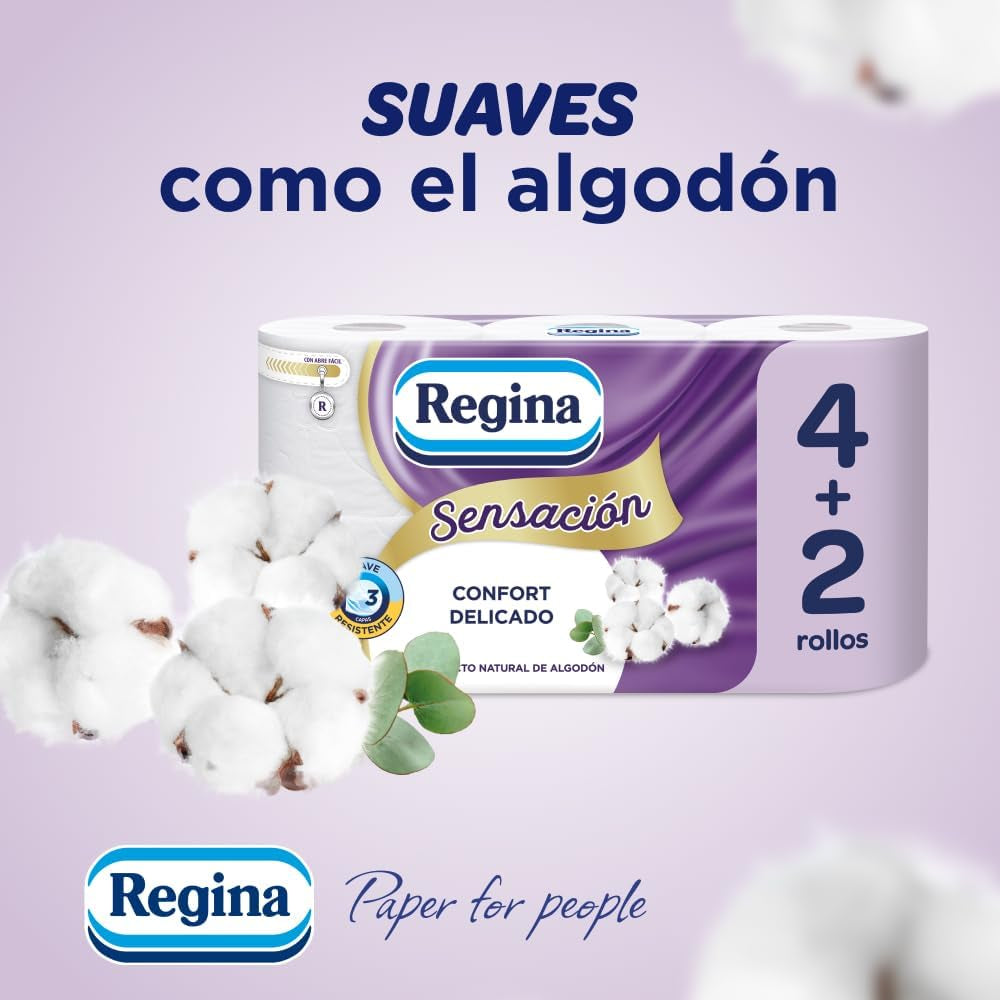 Regina Feeling - 42 rollen toiletpapier, 175 vellen met drie lagen, natuurlijk katoenextract en delicate geur, 60% gerecyclede plastic verpakking, 100% Fsc-gecertificeerd papier