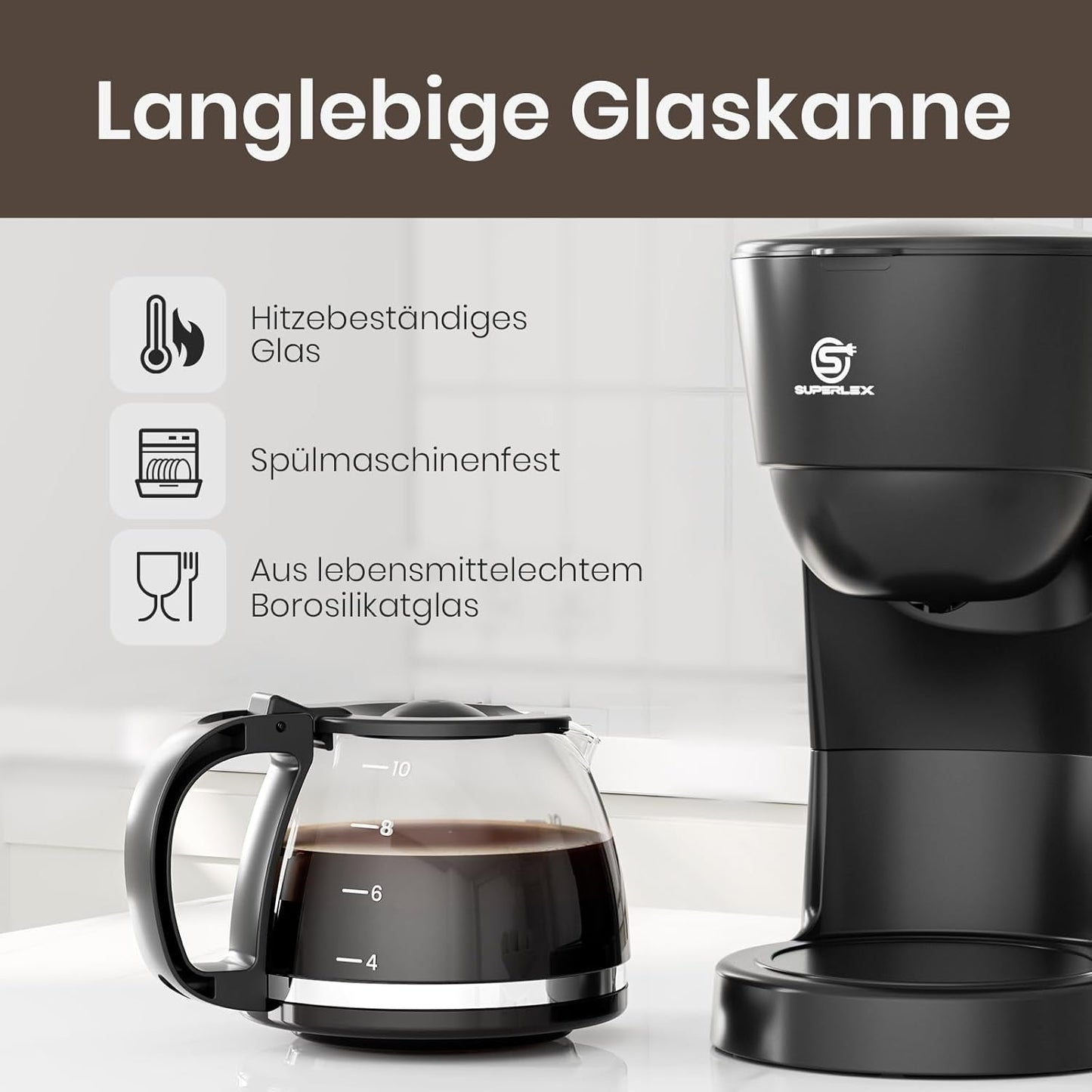 Filterkoffiezetapparaat van 1,25 liter voor 10 kopjes filterkoffie, vaatwasmachinebestendige glazen karaf, thermoskan, antidruppelsysteem, automatische uitschakeling, 600 W, waterloze kookbeveiliging voor thuis en op kantoor