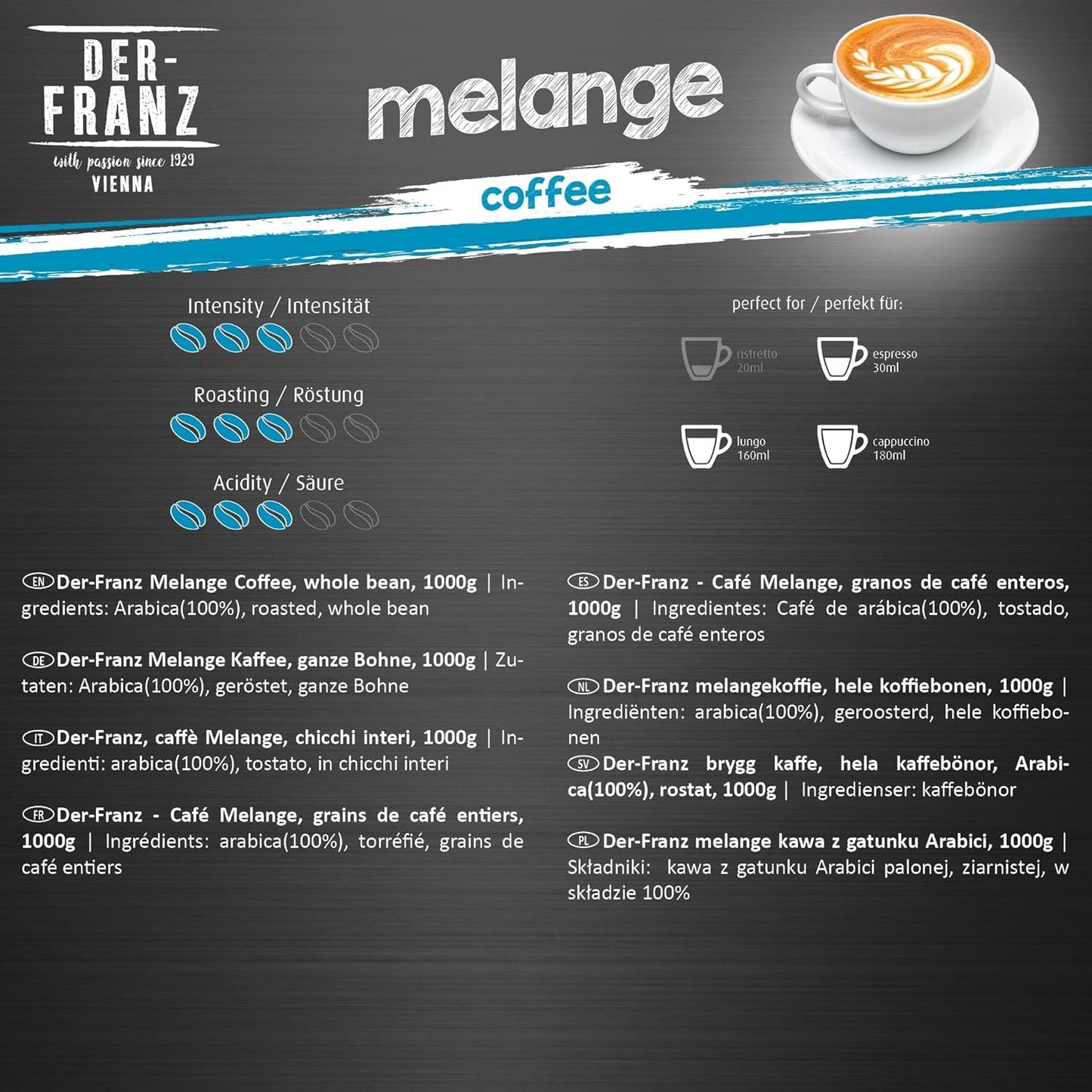 Der-Franz Melange Koffie, sterkte 3/5, 100% Arabica, hele koffiebonen, 4 x 1000 g