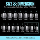 TOMICCA Coffin Tips Ultrakorte nageltips - nageltips, zachte geltips, volledige dekking, voorgevormde matte kunstnageltips, gelnageltips - 360 stuks, 15 maten