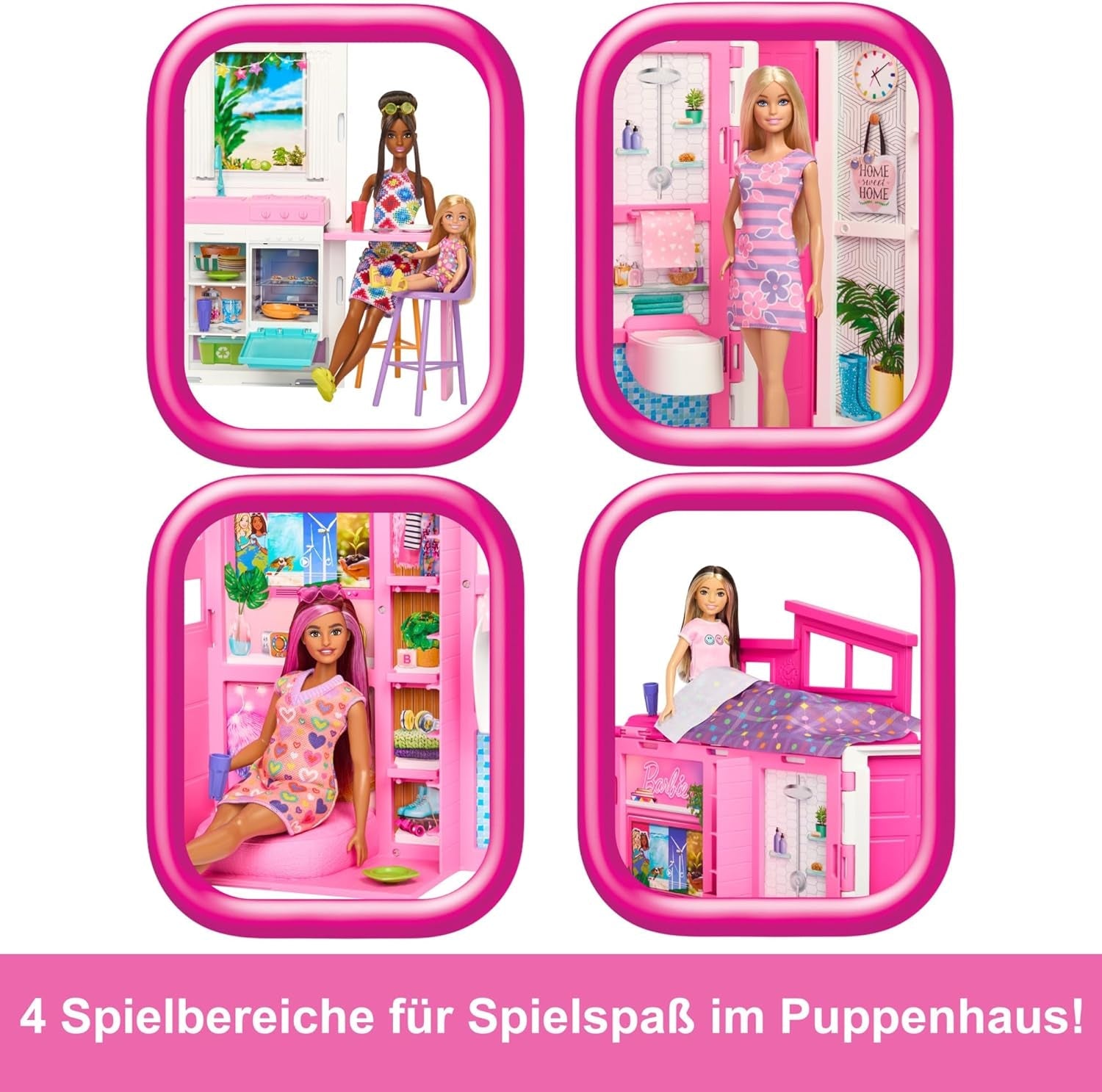 Barbie-Puppenhaus Spielset, Ferienhaus mit 4 Spielbereichen, darunter Küche, Badezimmer, Schlafzimmer en Lounge, 11 Deko-Zubehörteile, HRJ76