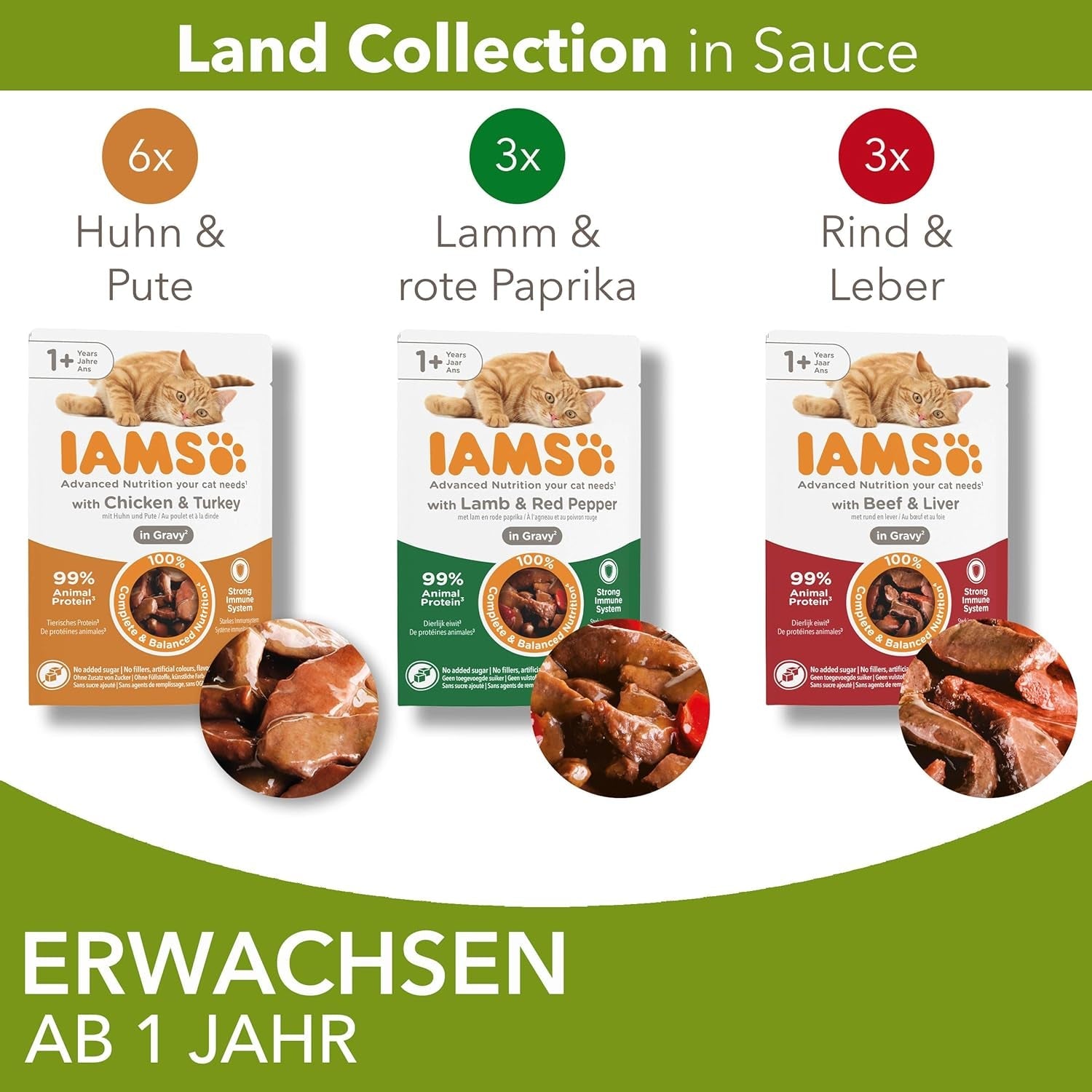IAMS Delights Land Collection Natvoer voor katten - Multipack met vleessoorten (lamsvlees, rundvlees, kip en kalkoen) in saus, natvoer voor katten vanaf 1 jaar, 12 x 85 g