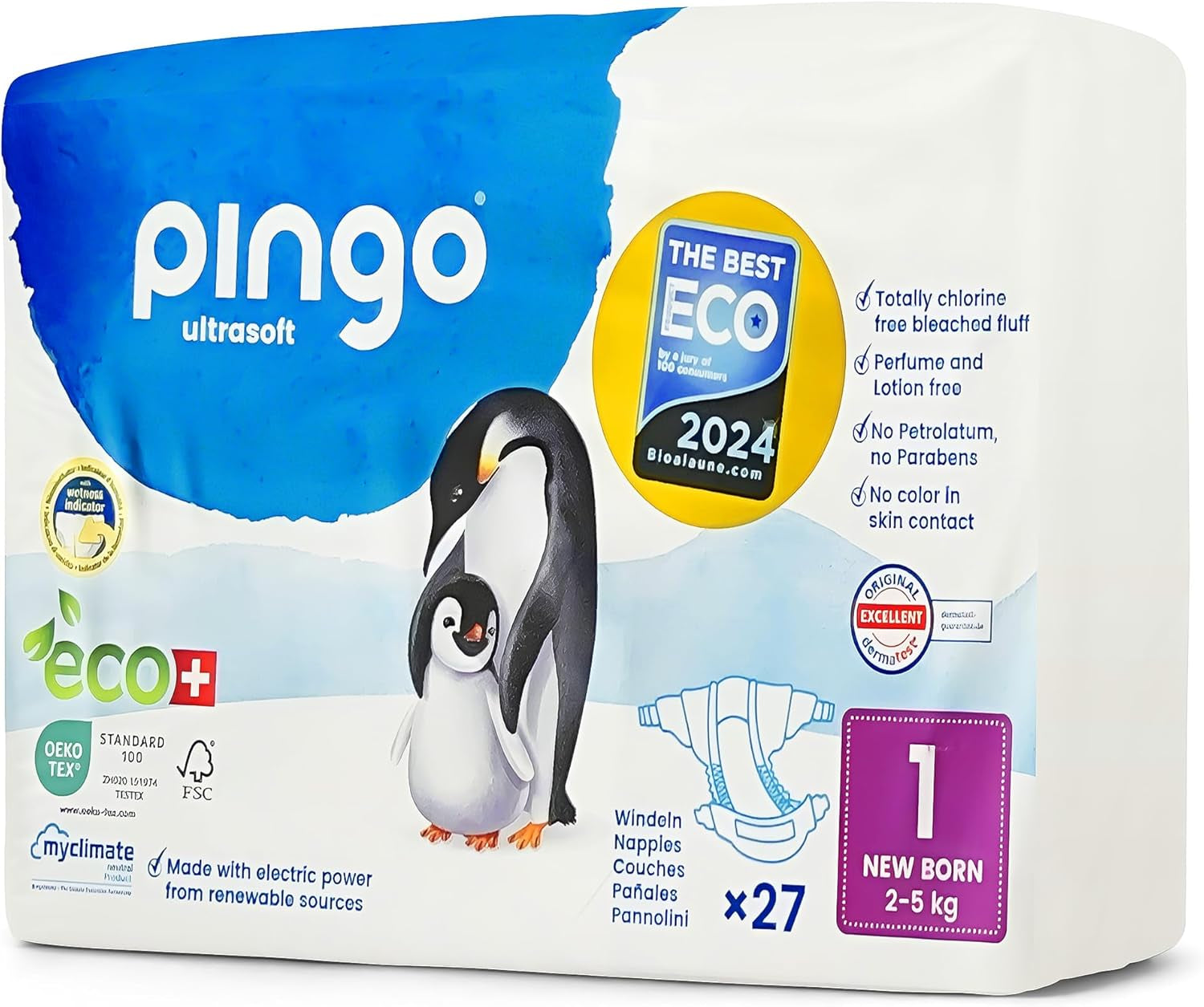 Biologische luiers maat 1 newborn (2-5 kg), 1 zakje met 27 luiers
