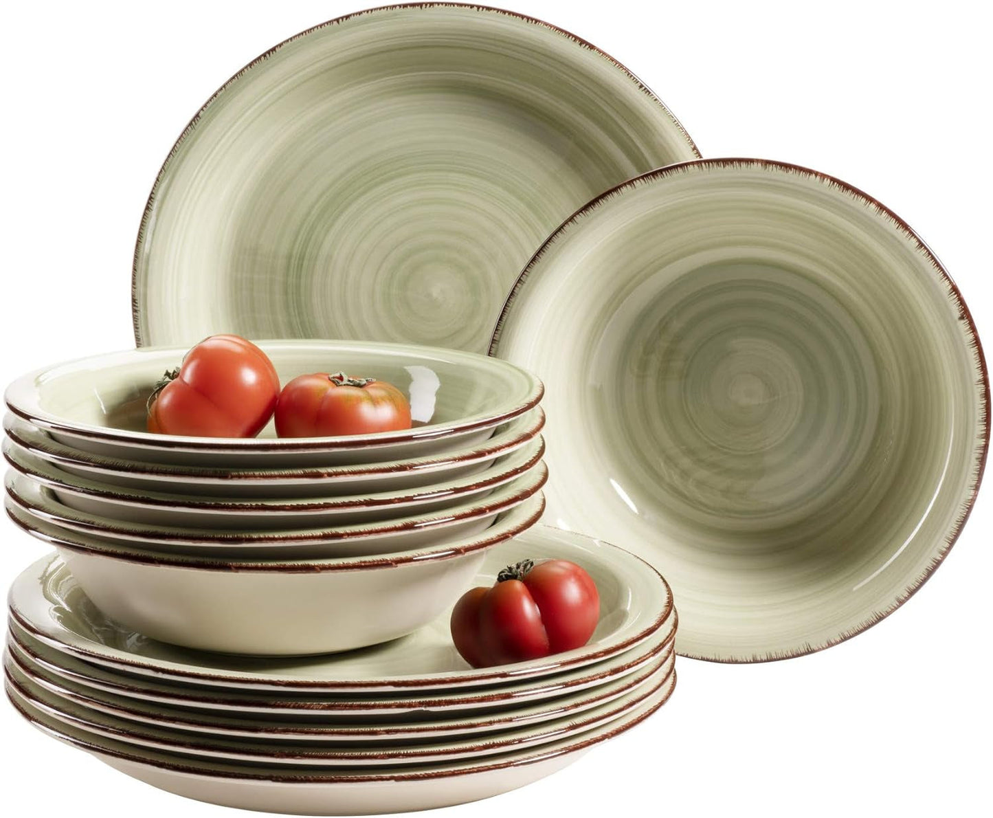 MÄSER Serviesset voor 6 personen, moderne vintage look, 12-delig tafelservies, handgeschilderd, groen, tegel, olijfgroen (Bel Tempo II)