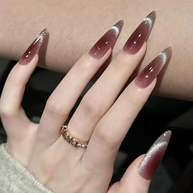 Mouyuglow Lange nagels Stiletto Melkwit Gradiënt Roze Glitter Cool Nepnagels met lijm Roze Ombre Glitter Kunstnagels