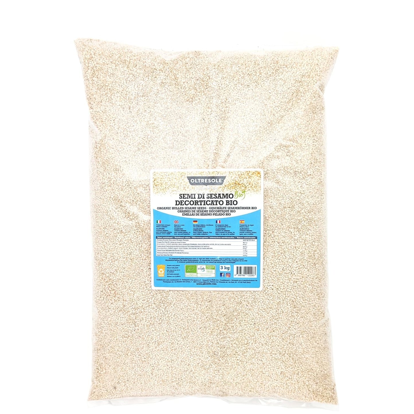Biologische sesamzaadjes 3kg, rauwe biologische oliezaden, witte sesam, natuurlijk gepeld, ongebrand, bron van calcium en ijzer, voordeelpakket